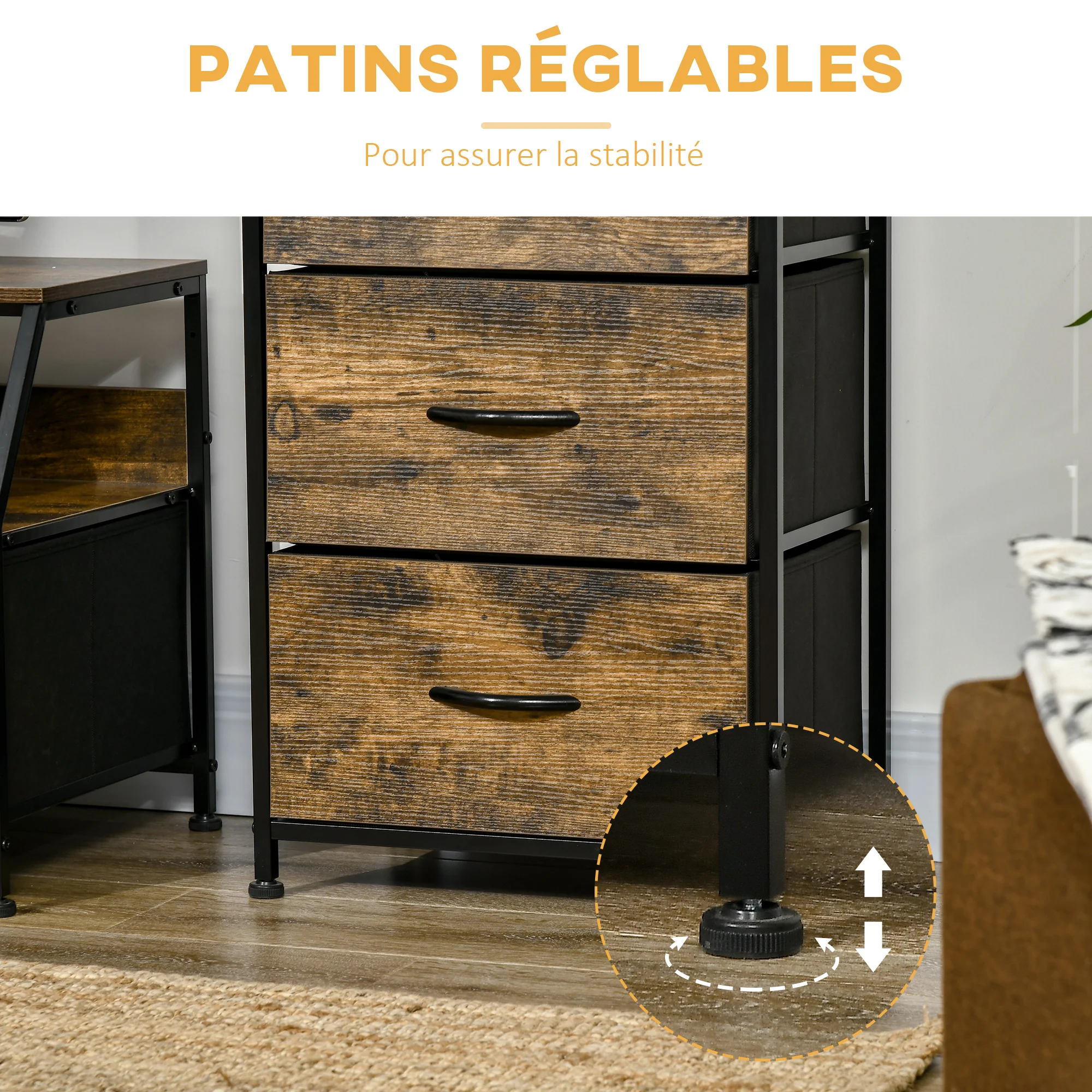 Meuble de rangement style industriel commode 3 tiroirs en tissu amovibles et 2 étagères - 44 x 29 x 92 cm - bois et métal - Image 7
