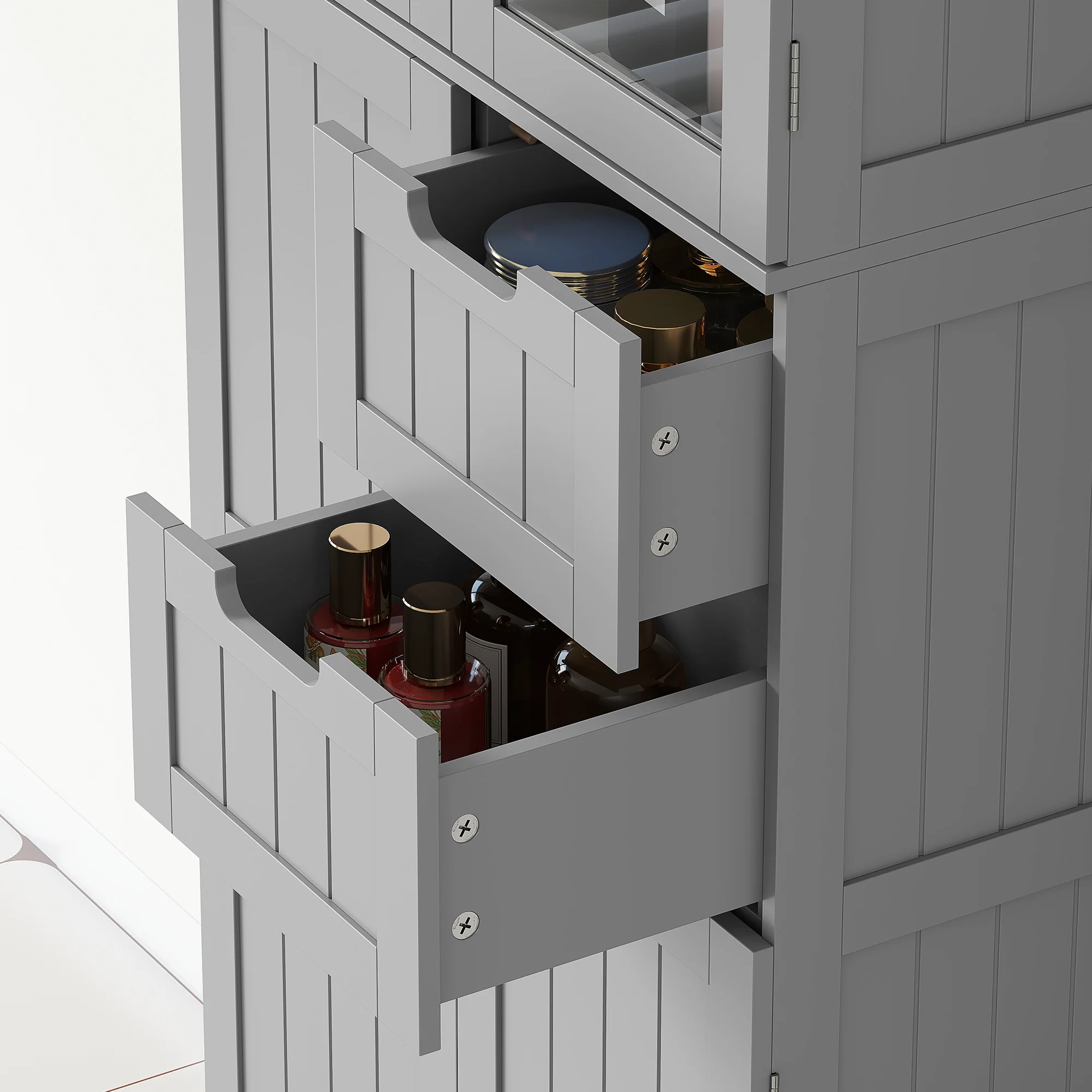 Meuble de salle de bain haut, meuble de rangement, colonne salle de bain avec 4 portes dont 2 vitrées, 2 tiroirs et étagères réglables, style moderne, pour salon, chambre, 60x30x170cm, blanc - Image 10