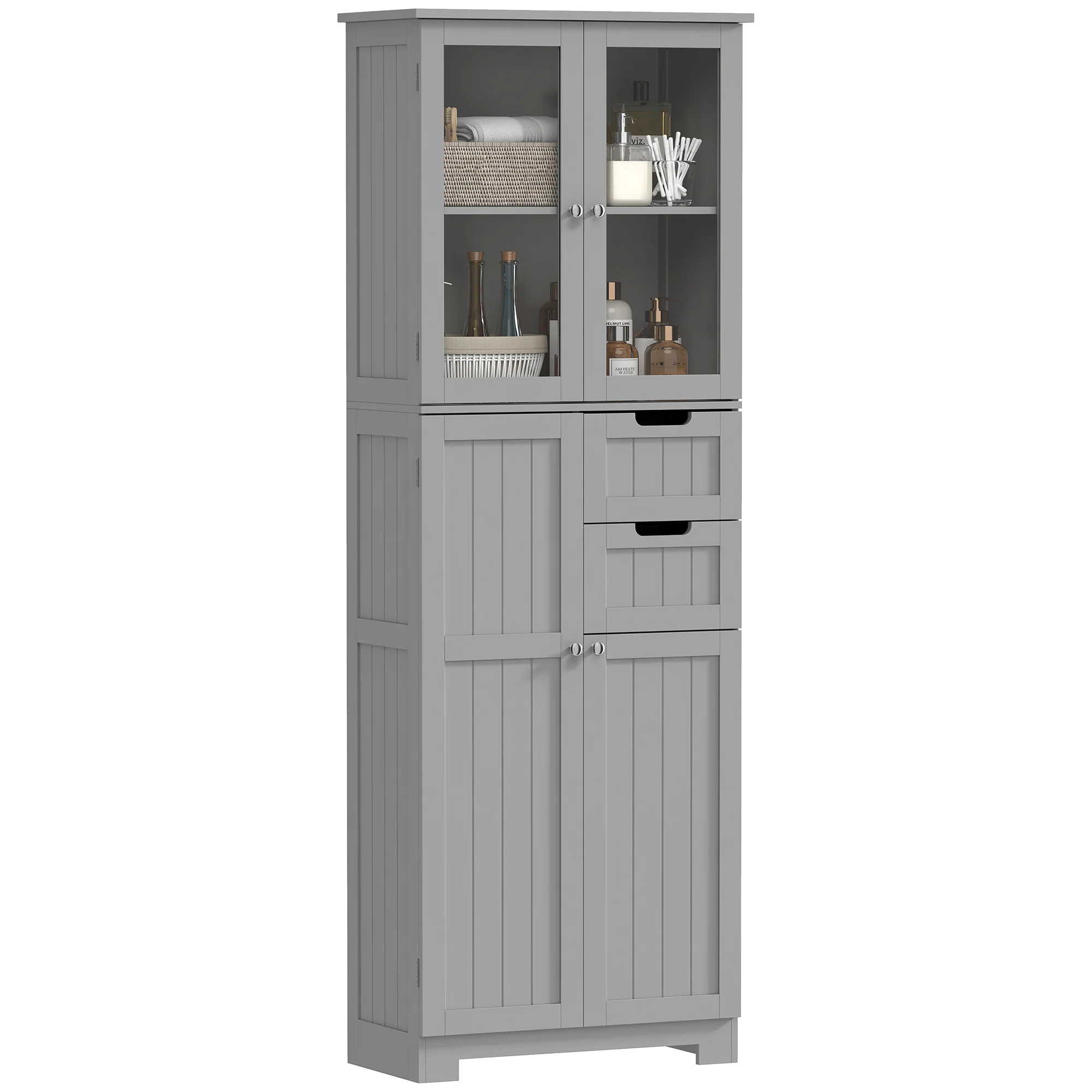 Meuble de salle de bain haut, meuble de rangement, colonne salle de bain avec 4 portes dont 2 vitrées, 2 tiroirs et étagères réglables, style moderne, pour salon, chambre, 60x30x170cm, blanc - Image 12