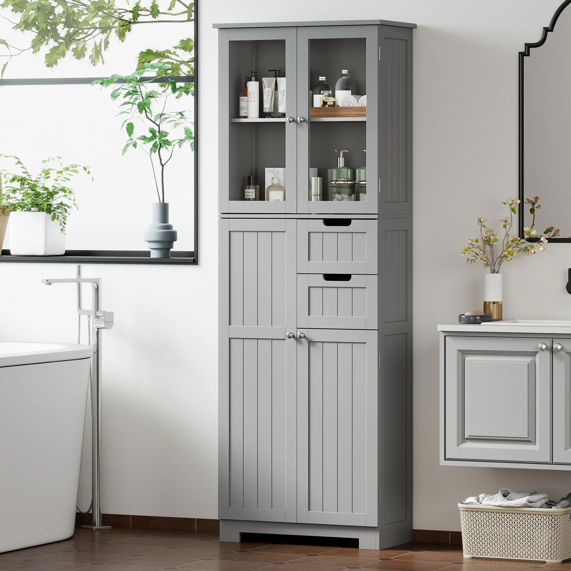 Meuble de salle de bain haut, meuble de rangement, colonne salle de bain avec 4 portes dont 2 vitrées, 2 tiroirs et étagères réglables, style moderne, pour salon, chambre, 60x30x170cm, blanc - Image 3
