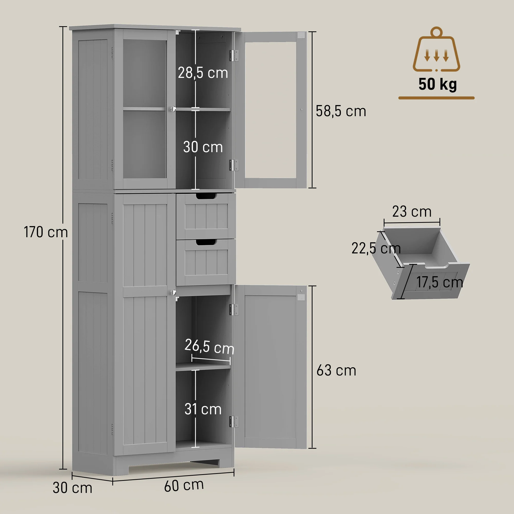 Meuble de salle de bain haut, meuble de rangement, colonne salle de bain avec 4 portes dont 2 vitrées, 2 tiroirs et étagères réglables, style moderne, pour salon, chambre, 60x30x170cm, blanc - Image 4