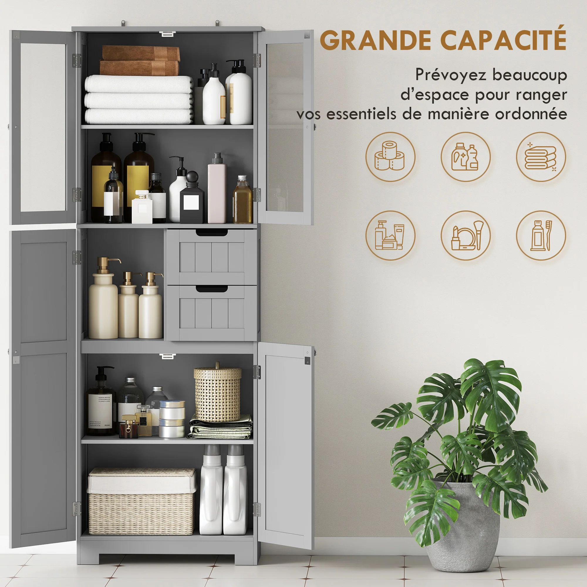 Meuble de salle de bain haut, meuble de rangement, colonne salle de bain avec 4 portes dont 2 vitrées, 2 tiroirs et étagères réglables, style moderne, pour salon, chambre, 60x30x170cm, blanc - Image 5