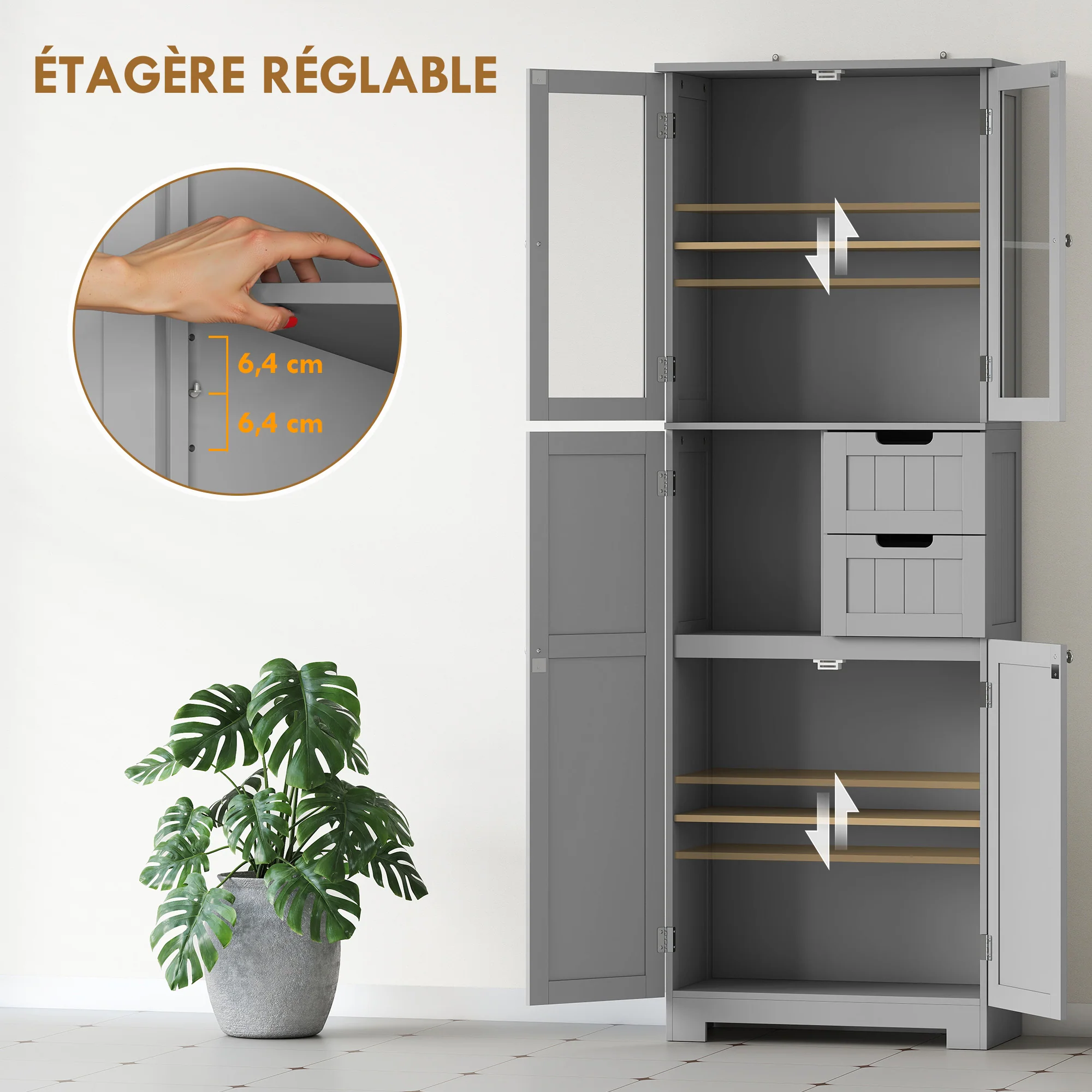Meuble de salle de bain haut, meuble de rangement, colonne salle de bain avec 4 portes dont 2 vitrées, 2 tiroirs et étagères réglables, style moderne, pour salon, chambre, 60x30x170cm, blanc - Image 6