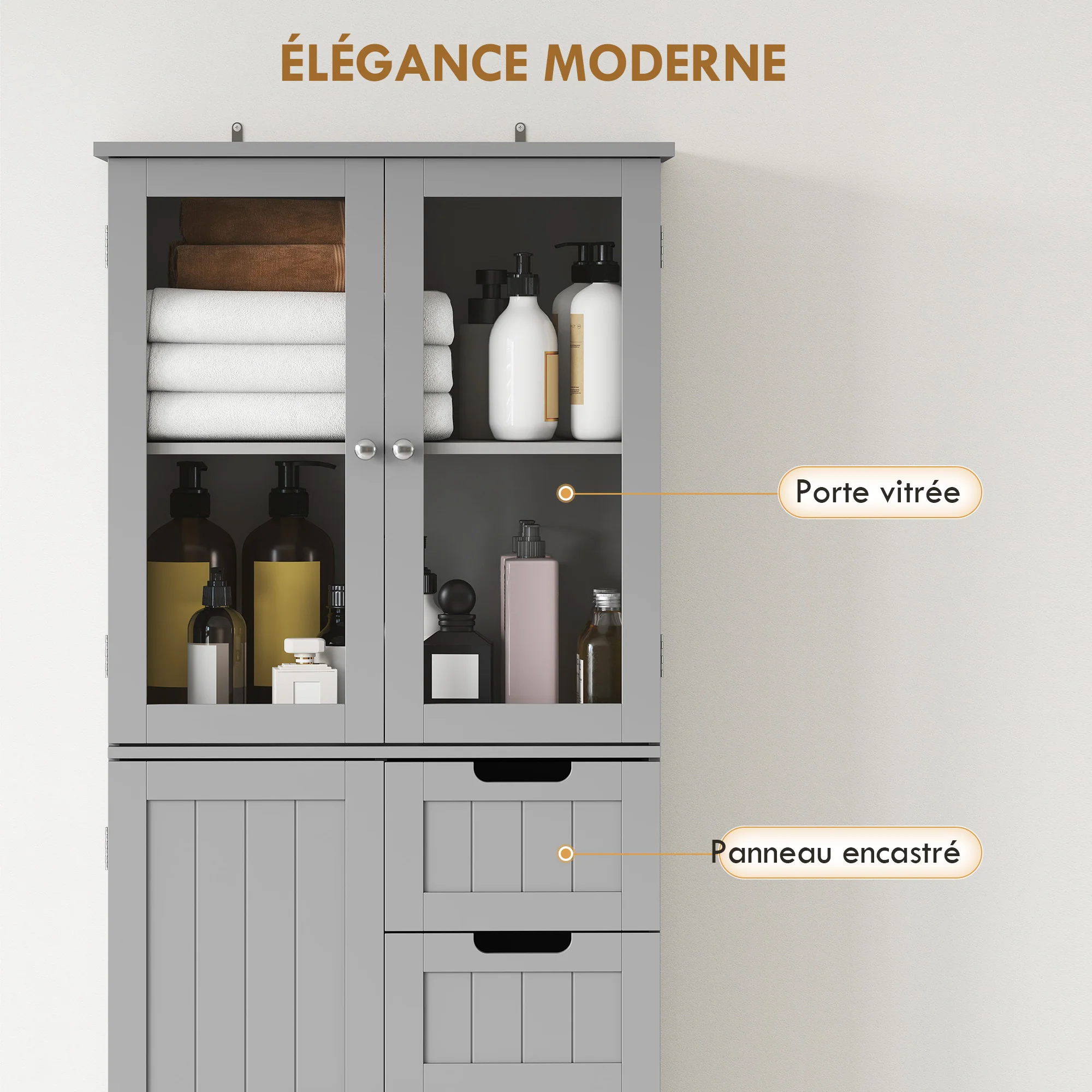 Meuble de salle de bain haut, meuble de rangement, colonne salle de bain avec 4 portes dont 2 vitrées, 2 tiroirs et étagères réglables, style moderne, pour salon, chambre, 60x30x170cm, blanc - Image 7