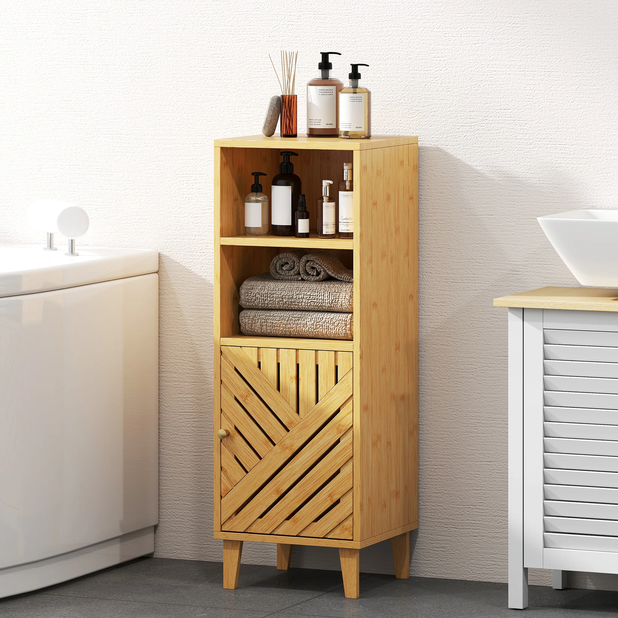 Meuble de salle de bain, meuble de rangement, armoire salle de bain avec 1 placard, 2 compartiment ouvert, porte et pieds en bambou, 32 x 30 x 90 cm, effet bois naturel - Image 10