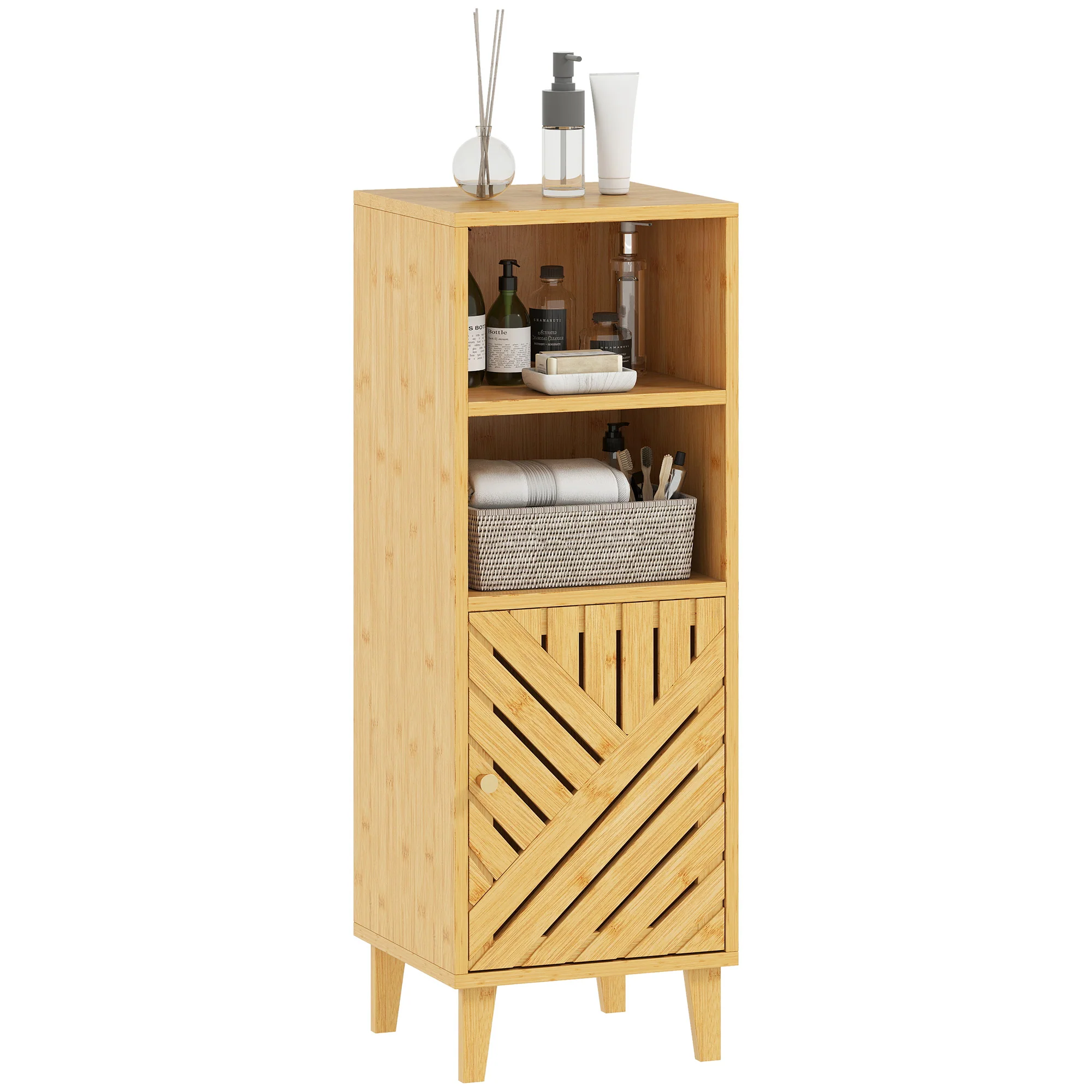 Meuble de salle de bain, meuble de rangement, armoire salle de bain avec 1 placard, 2 compartiment ouvert, porte et pieds en bambou, 32 x 30 x 90 cm, effet bois naturel - Image 11