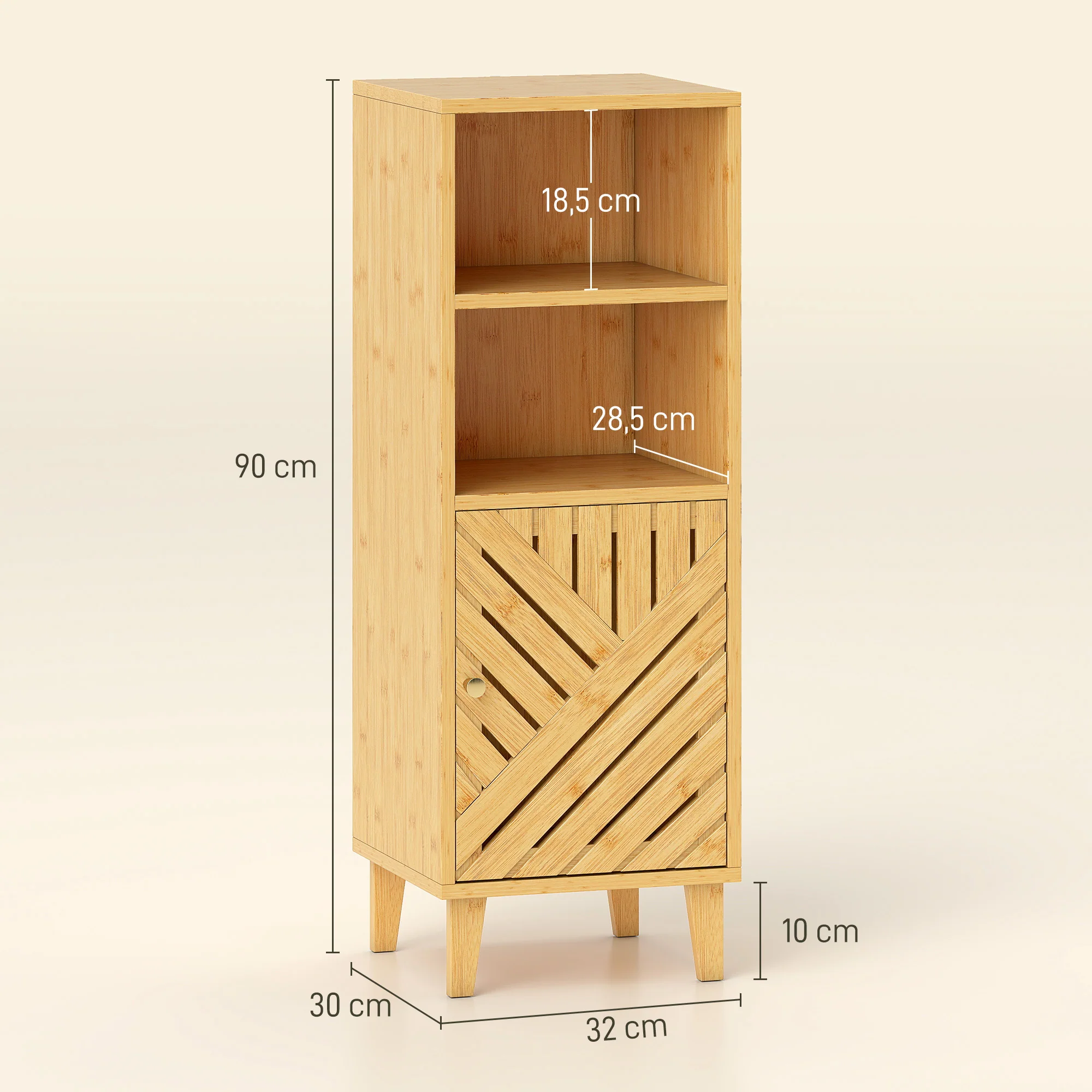 Meuble de salle de bain, meuble de rangement, armoire salle de bain avec 1 placard, 2 compartiment ouvert, porte et pieds en bambou, 32 x 30 x 90 cm, effet bois naturel - Image 4