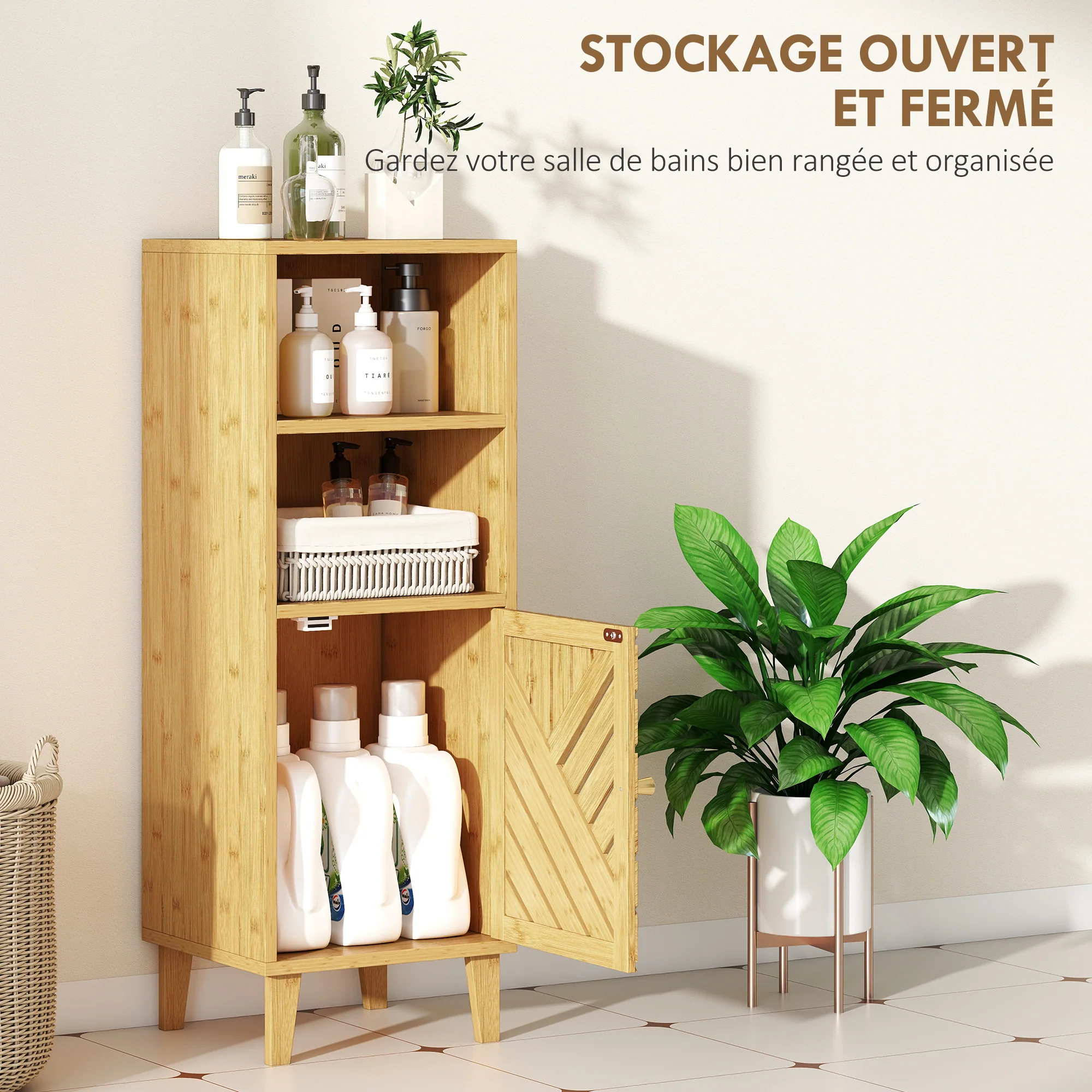 Meuble de salle de bain, meuble de rangement, armoire salle de bain avec 1 placard, 2 compartiment ouvert, porte et pieds en bambou, 32 x 30 x 90 cm, effet bois naturel - Image 5