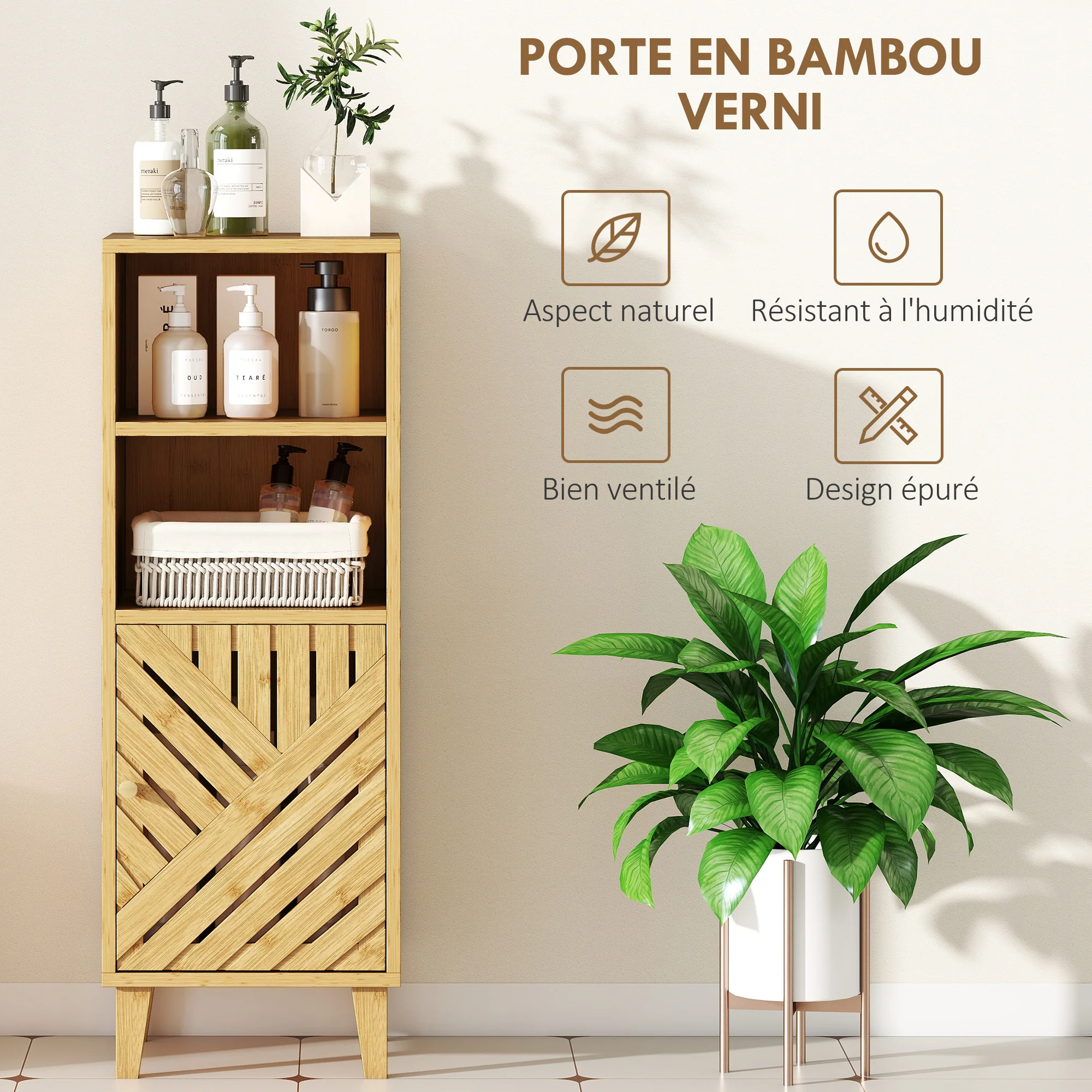 Meuble de salle de bain, meuble de rangement, armoire salle de bain avec 1 placard, 2 compartiment ouvert, porte et pieds en bambou, 32 x 30 x 90 cm, effet bois naturel - Image 6