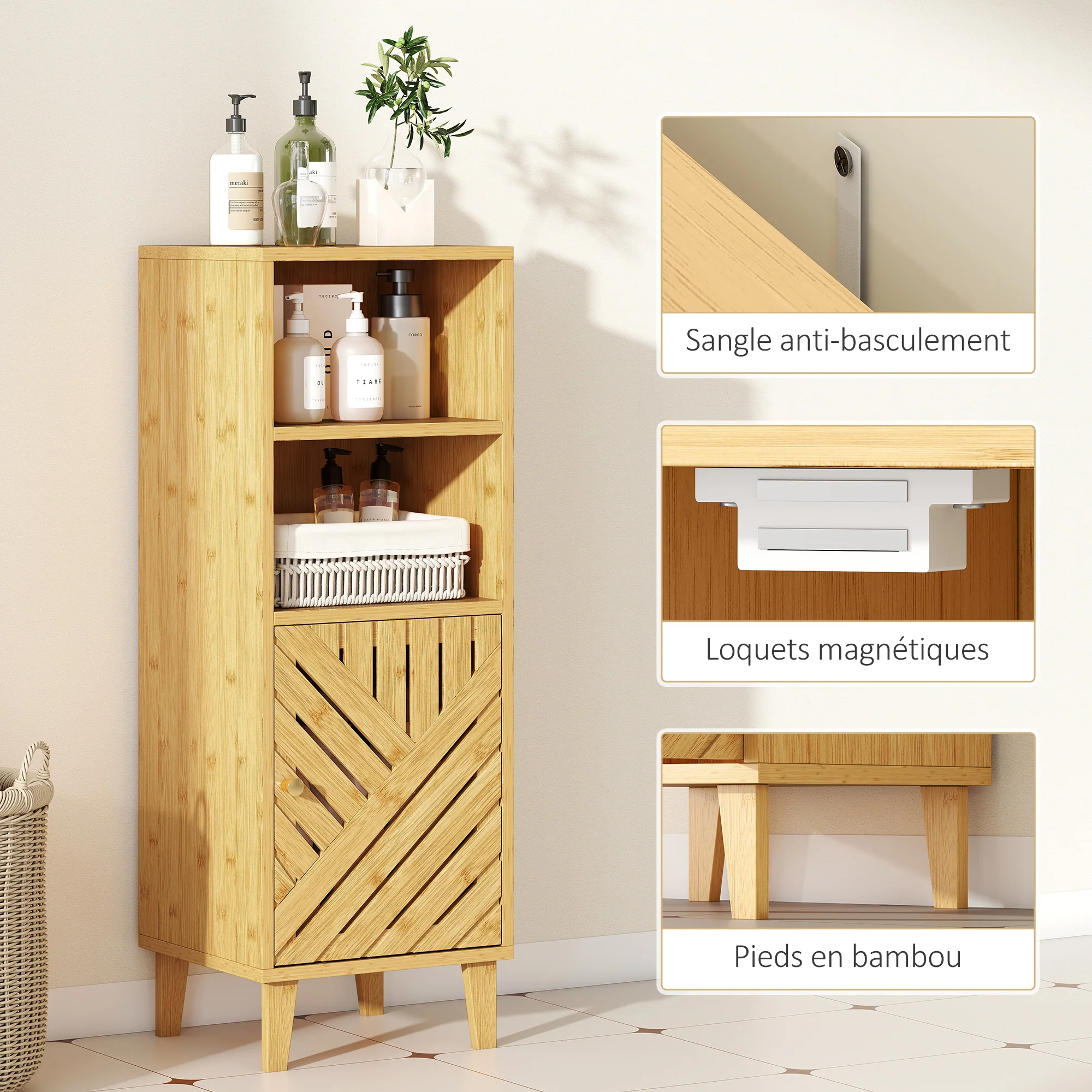 Meuble de salle de bain, meuble de rangement, armoire salle de bain avec 1 placard, 2 compartiment ouvert, porte et pieds en bambou, 32 x 30 x 90 cm, effet bois naturel - Image 7