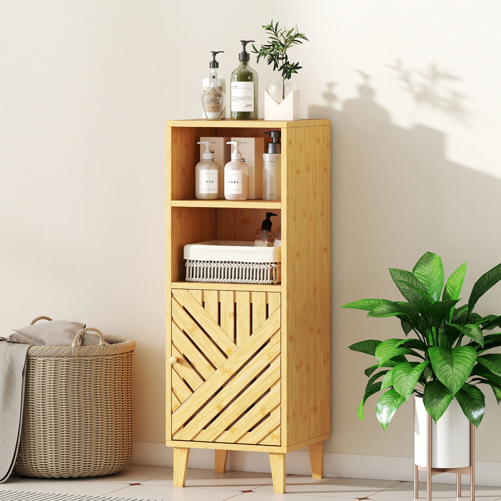 Meuble de salle de bain, meuble de rangement, armoire salle de bain avec 1 placard, 2 compartiment ouvert, porte et pieds en bambou, 32 x 30 x 90 cm, effet bois naturel - Image 8