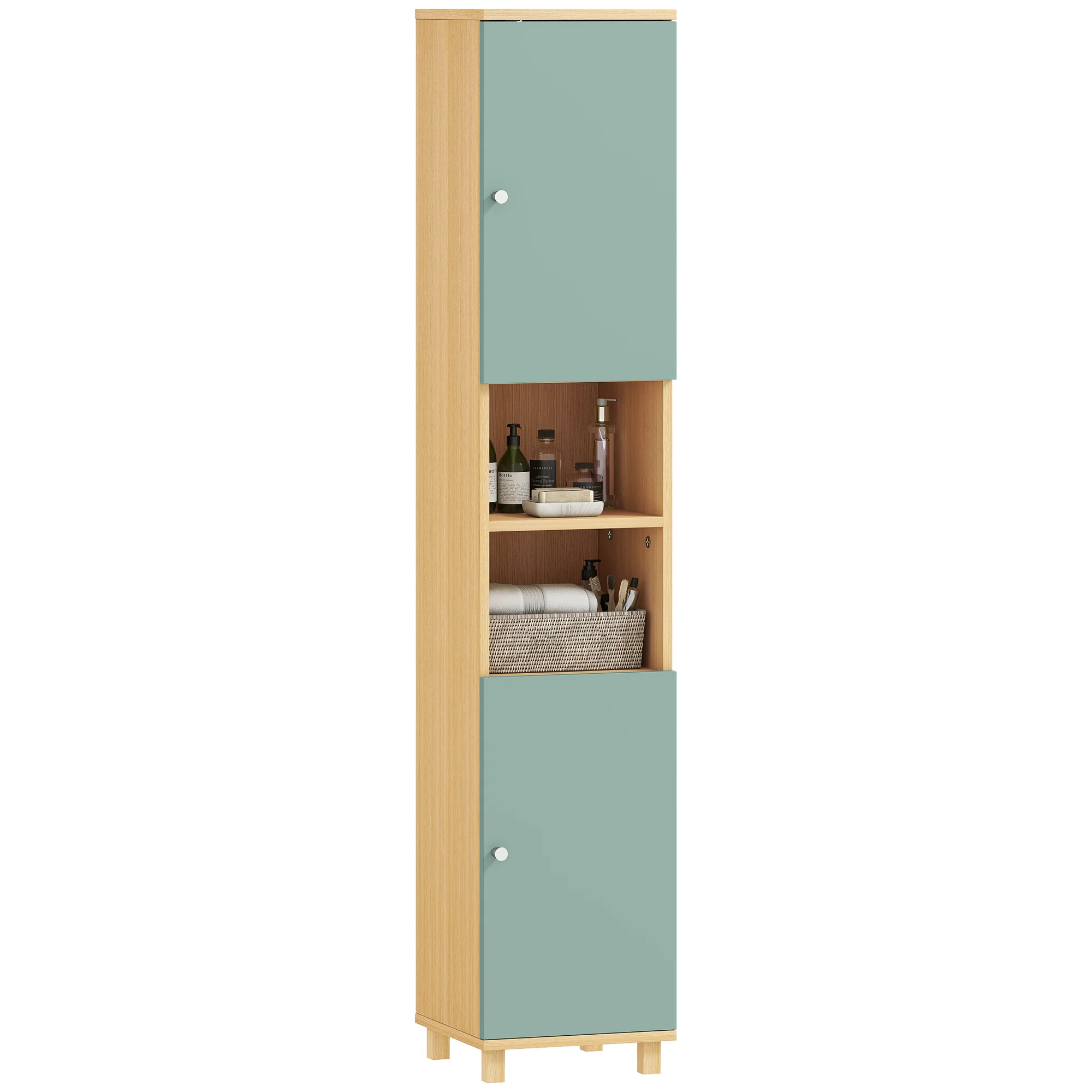 Meuble de salle de bain, meuble de rangement, armoire salle de bain avec 2 placards, 2 compartiments ouverts et étagères réglables, pour salon, petits espaces, 30 x 30 x 166 cm, vert - Image 11