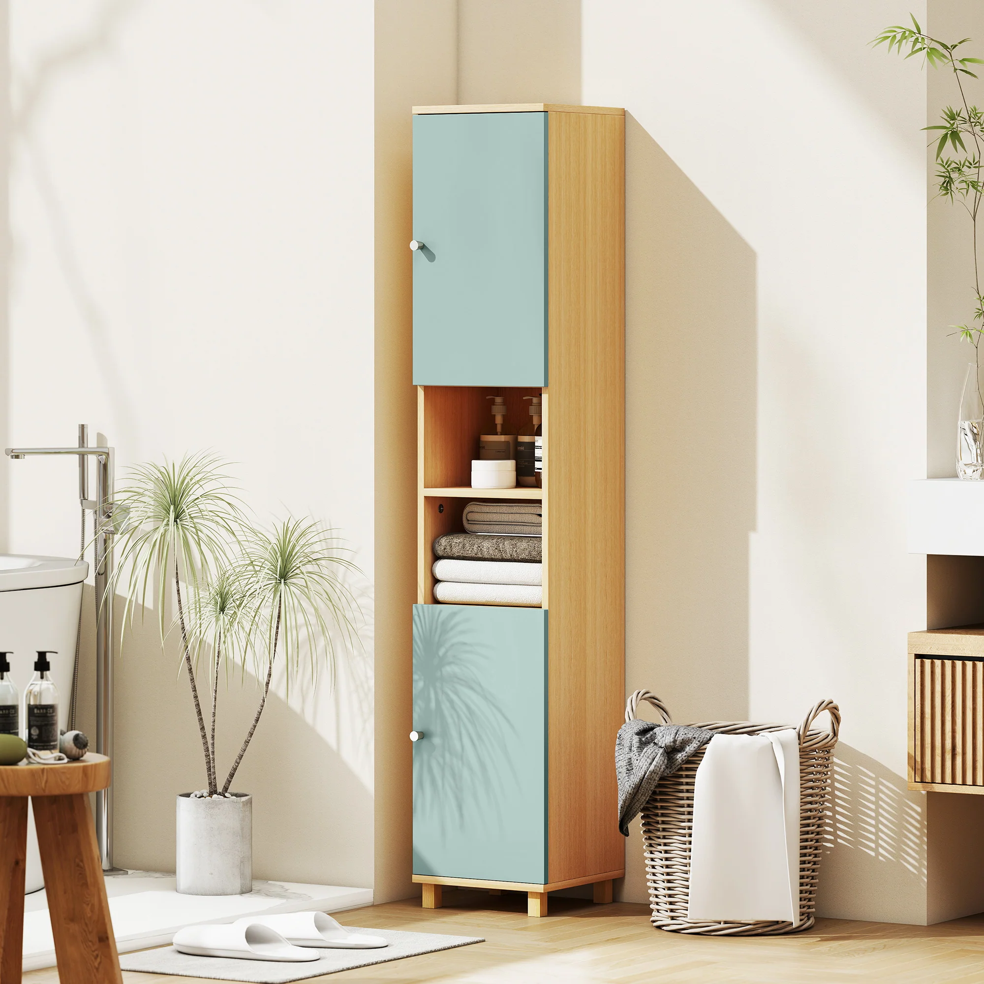 Meuble de salle de bain, meuble de rangement, armoire salle de bain avec 2 placards, 2 compartiments ouverts et étagères réglables, pour salon, petits espaces, 30 x 30 x 166 cm, vert - Image 3