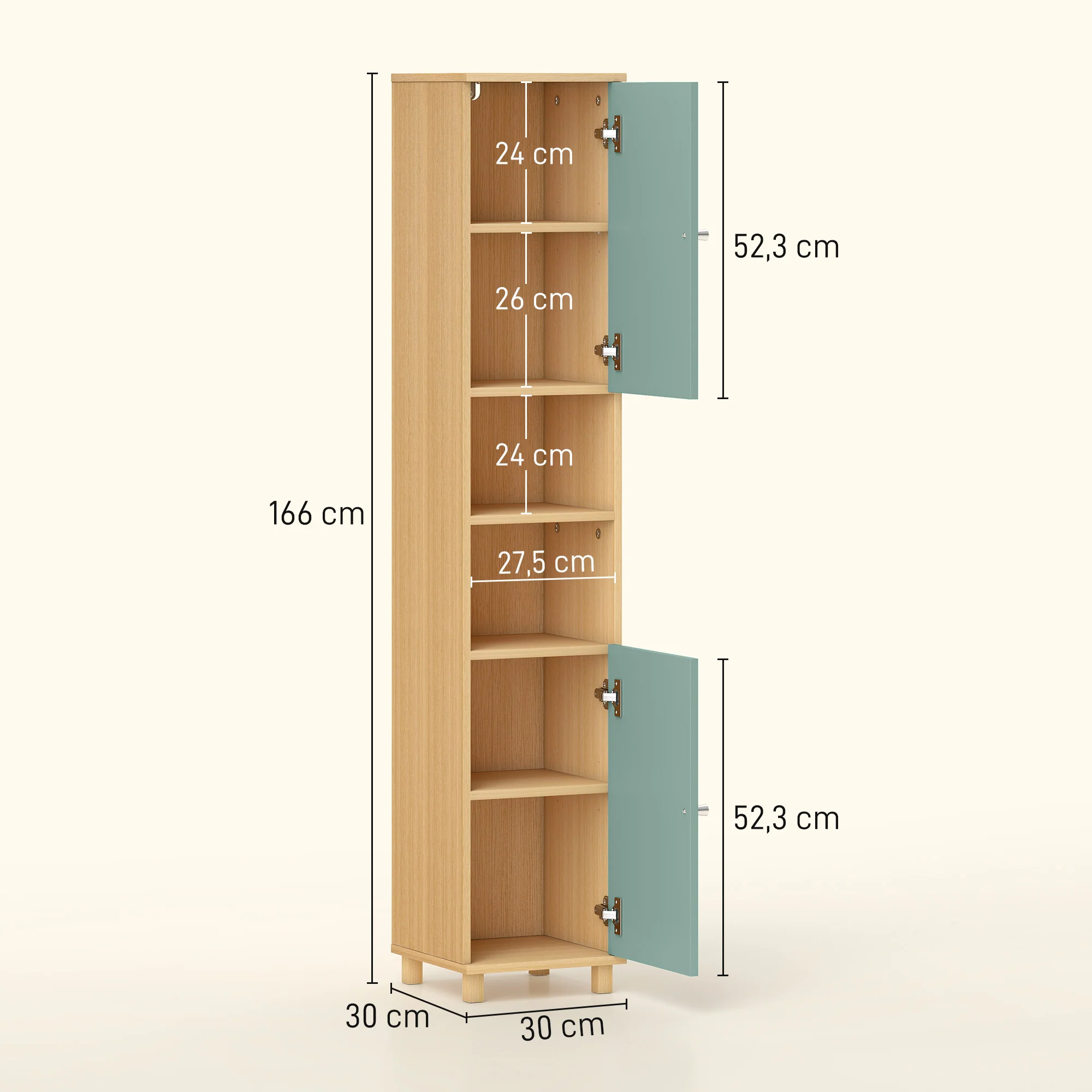 Meuble de salle de bain, meuble de rangement, armoire salle de bain avec 2 placards, 2 compartiments ouverts et étagères réglables, pour salon, petits espaces, 30 x 30 x 166 cm, vert - Image 4
