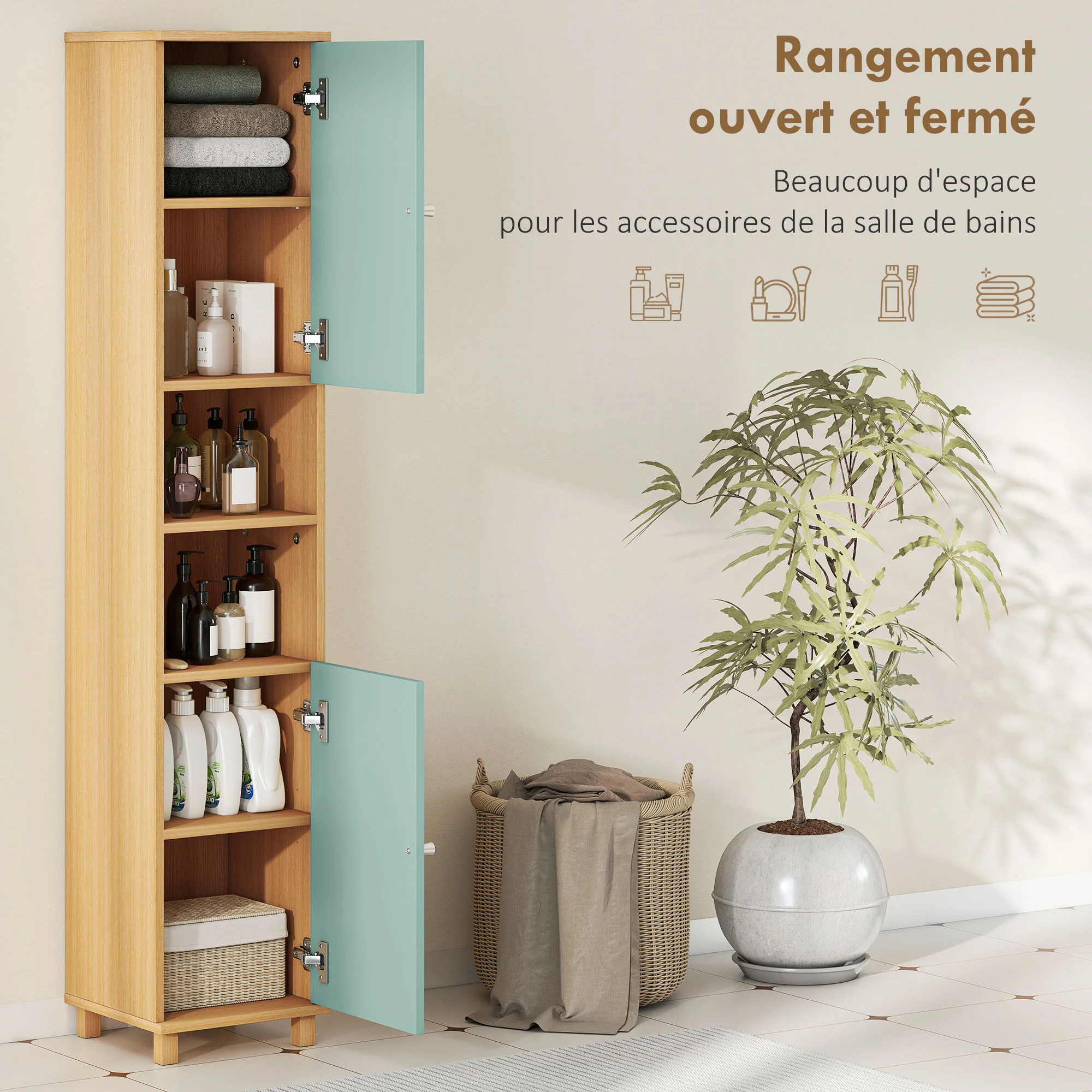 Meuble de salle de bain, meuble de rangement, armoire salle de bain avec 2 placards, 2 compartiments ouverts et étagères réglables, pour salon, petits espaces, 30 x 30 x 166 cm, vert - Image 5