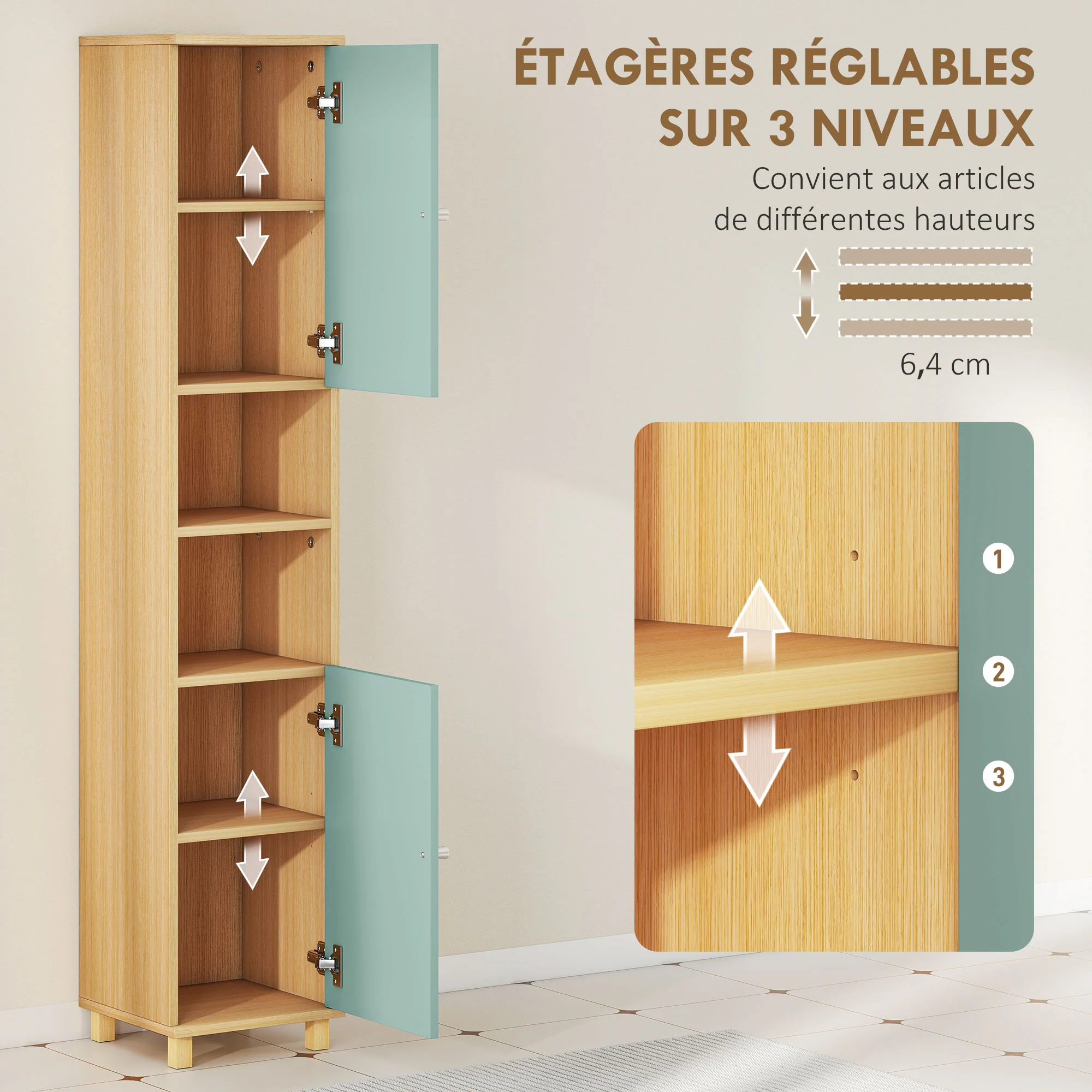 Meuble de salle de bain, meuble de rangement, armoire salle de bain avec 2 placards, 2 compartiments ouverts et étagères réglables, pour salon, petits espaces, 30 x 30 x 166 cm, vert - Image 6