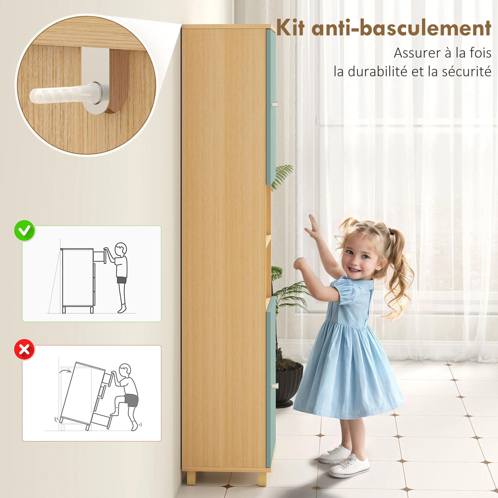 Meuble de salle de bain, meuble de rangement, armoire salle de bain avec 2 placards, 2 compartiments ouverts et étagères réglables, pour salon, petits espaces, 30 x 30 x 166 cm, vert - Image 7