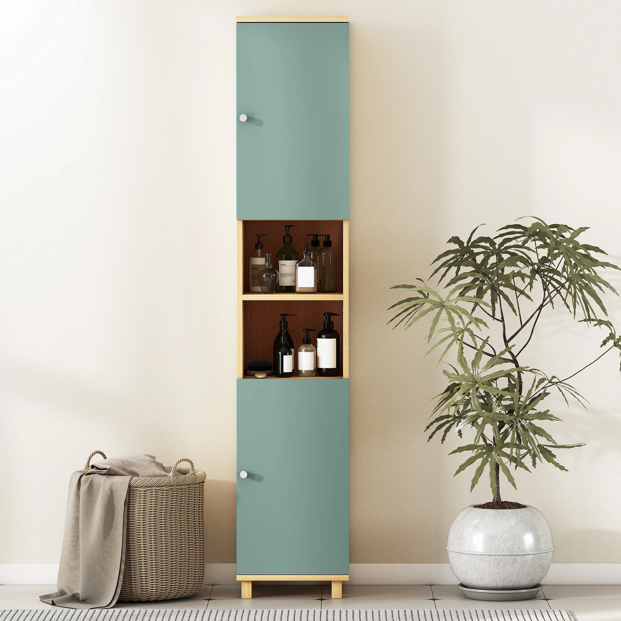 Meuble de salle de bain, meuble de rangement, armoire salle de bain avec 2 placards, 2 compartiments ouverts et étagères réglables, pour salon, petits espaces, 30 x 30 x 166 cm, vert - Image 8