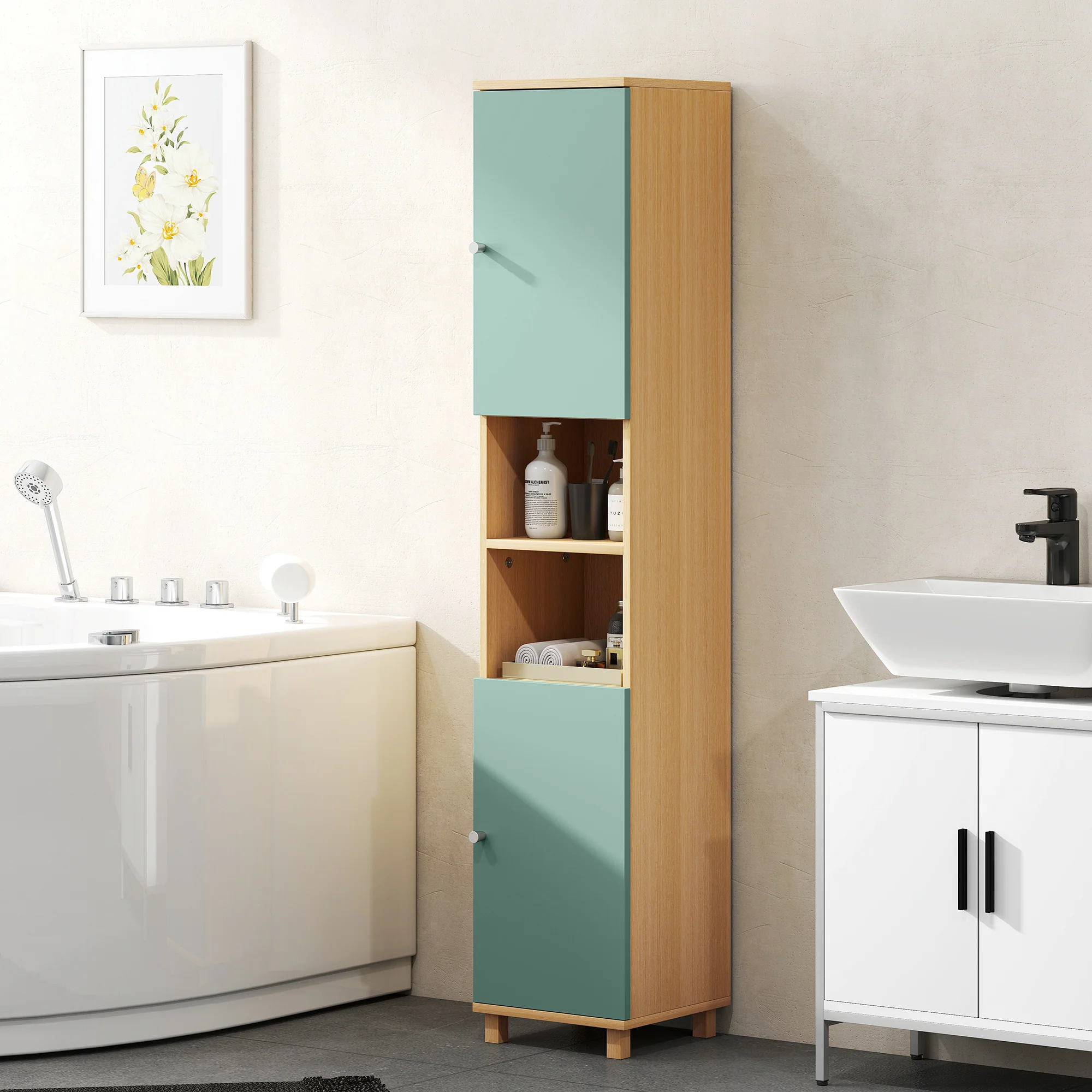Meuble de salle de bain, meuble de rangement, armoire salle de bain avec 2 placards, 2 compartiments ouverts et étagères réglables, pour salon, petits espaces, 30 x 30 x 166 cm, vert - Image 9