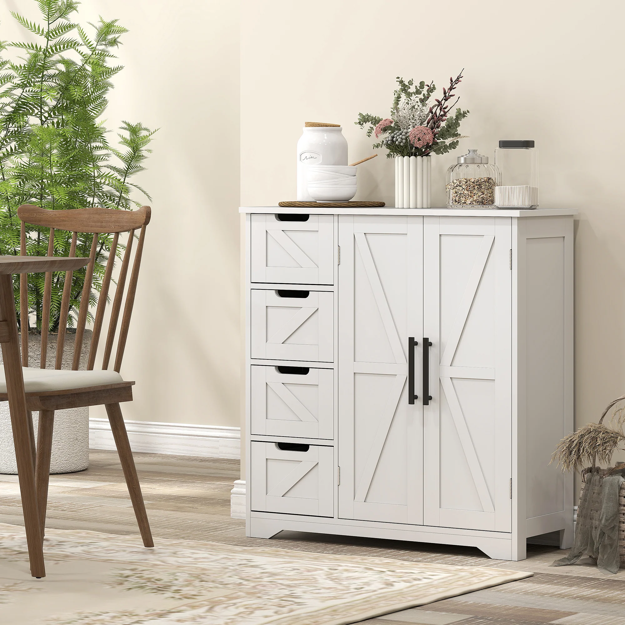 Meuble de salle de bain, meuble de rangement, armoire salle de bain avec 4 tiroirs, 1 placard, étagère réglable, pour salon, salle à manger, petits espaces, 81,2 x 30 x 83,8 cm, blanc - Image 10