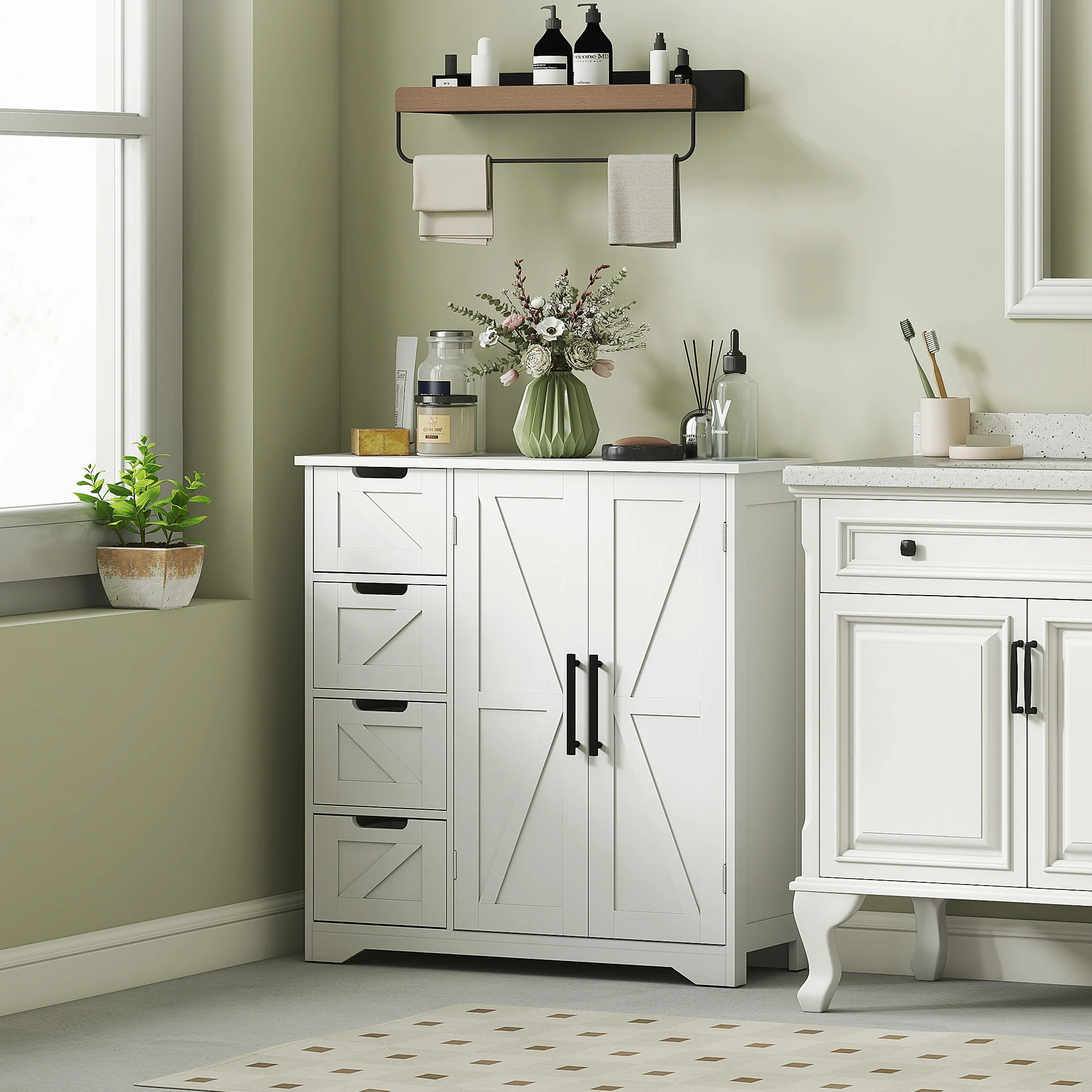 Meuble de salle de bain, meuble de rangement, armoire salle de bain avec 4 tiroirs, 1 placard, étagère réglable, pour salon, salle à manger, petits espaces, 81,2 x 30 x 83,8 cm, blanc - Image 3
