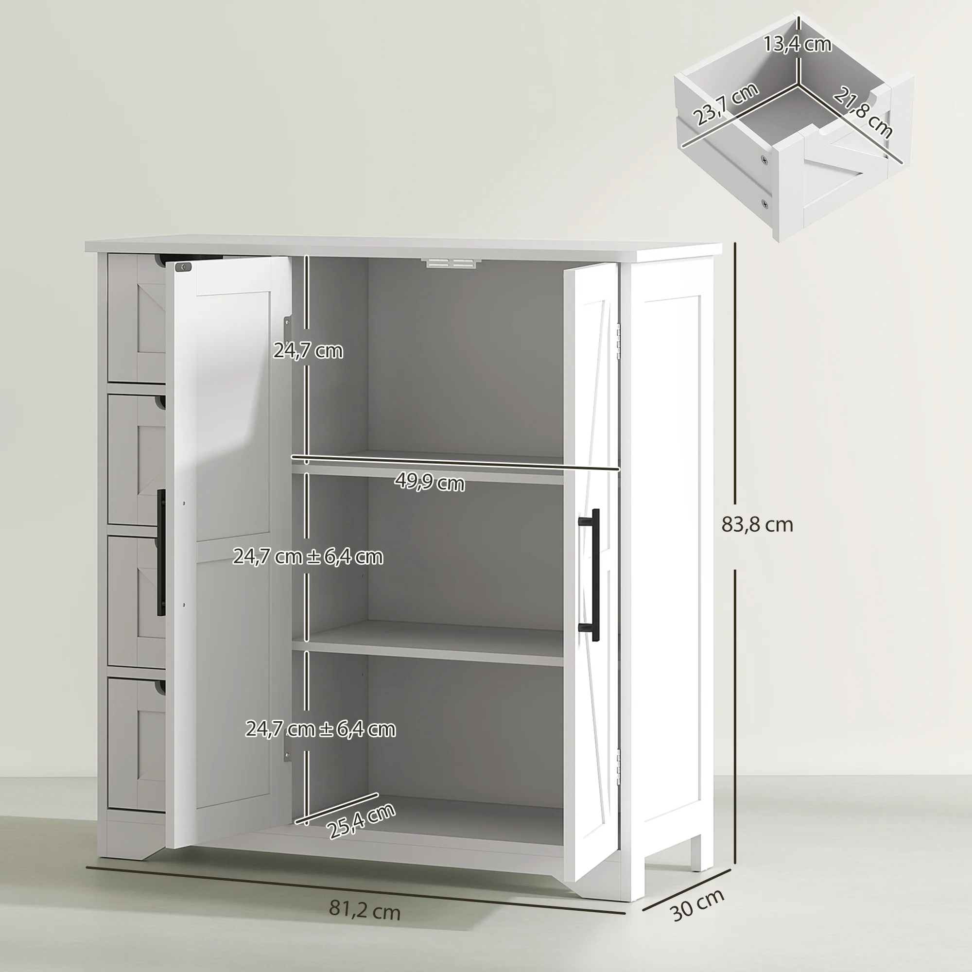 Meuble de salle de bain, meuble de rangement, armoire salle de bain avec 4 tiroirs, 1 placard, étagère réglable, pour salon, salle à manger, petits espaces, 81,2 x 30 x 83,8 cm, blanc - Image 4