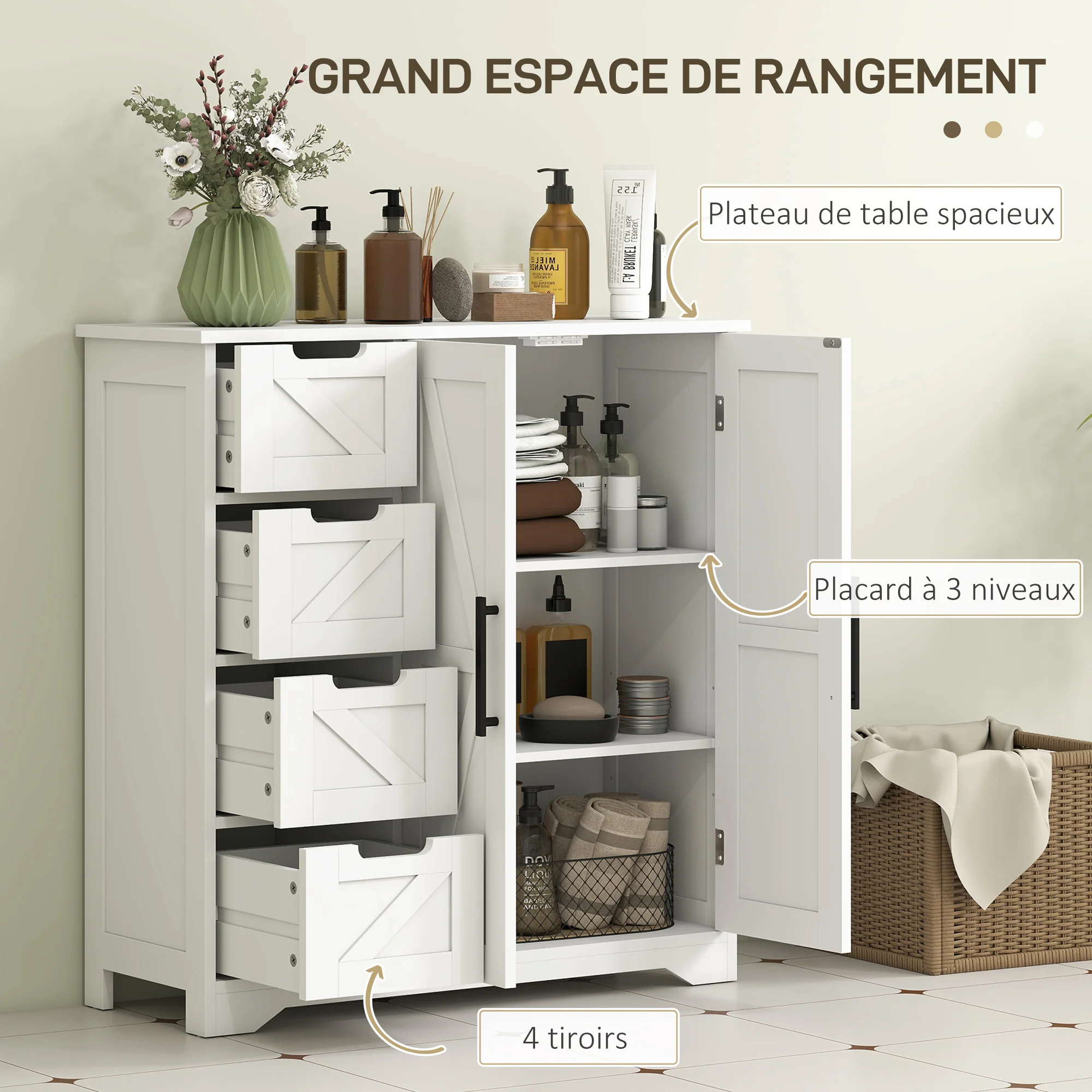 Meuble de salle de bain, meuble de rangement, armoire salle de bain avec 4 tiroirs, 1 placard, étagère réglable, pour salon, salle à manger, petits espaces, 81,2 x 30 x 83,8 cm, blanc - Image 5