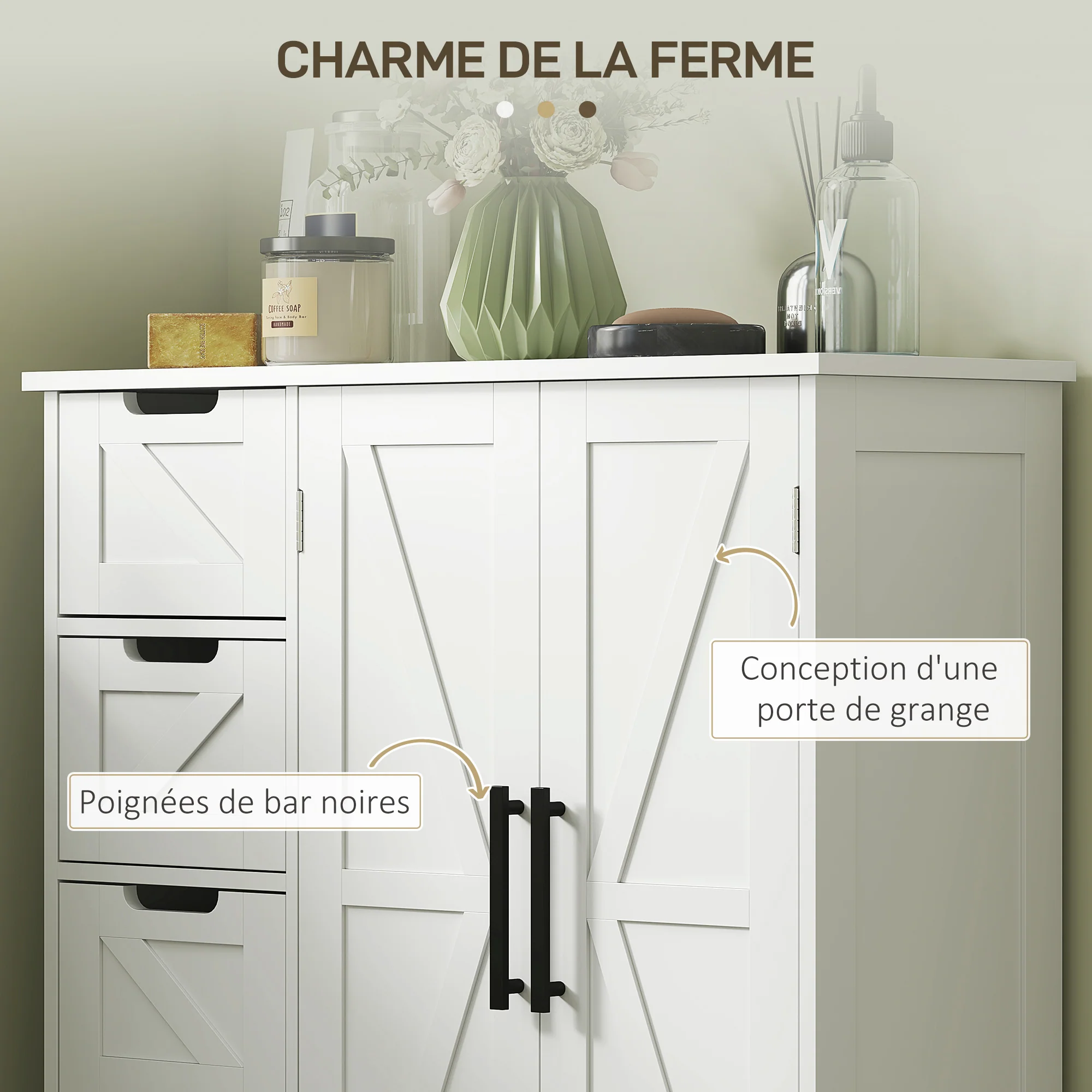Meuble de salle de bain, meuble de rangement, armoire salle de bain avec 4 tiroirs, 1 placard, étagère réglable, pour salon, salle à manger, petits espaces, 81,2 x 30 x 83,8 cm, blanc - Image 7