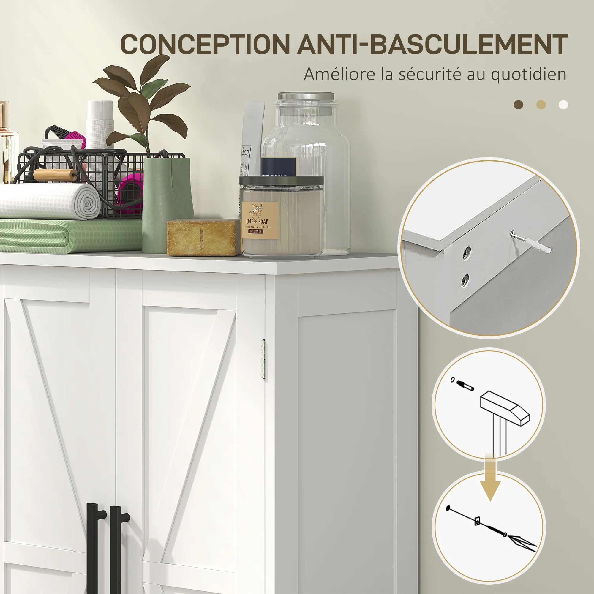 Meuble de salle de bain, meuble de rangement, armoire salle de bain avec 4 tiroirs, 1 placard, étagère réglable, pour salon, salle à manger, petits espaces, 81,2 x 30 x 83,8 cm, blanc - Image 8