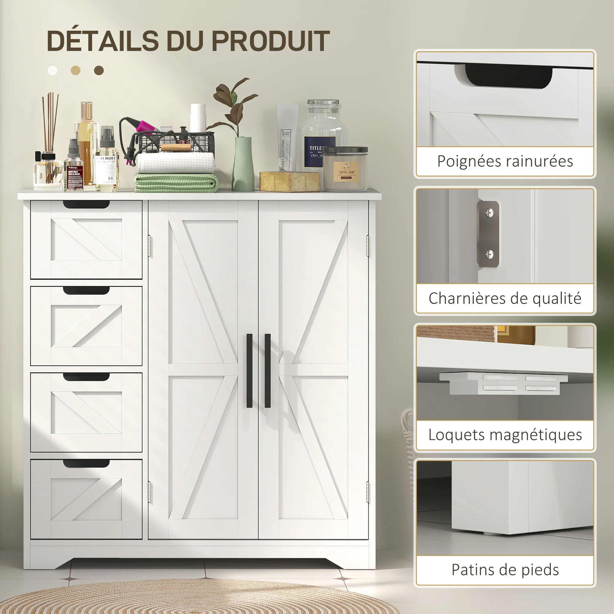 Meuble de salle de bain, meuble de rangement, armoire salle de bain avec 4 tiroirs, 1 placard, étagère réglable, pour salon, salle à manger, petits espaces, 81,2 x 30 x 83,8 cm, blanc - Image 9