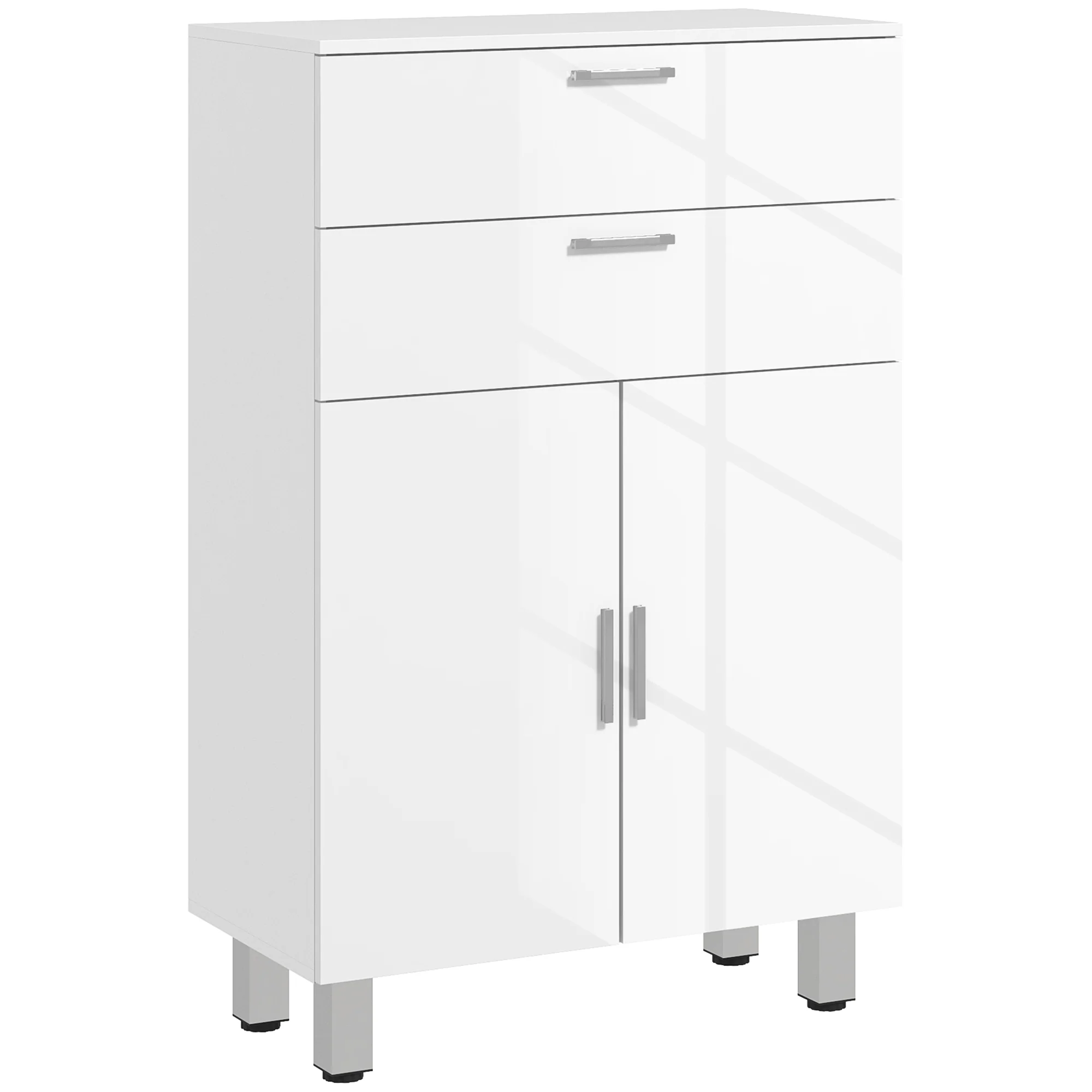 Meuble de salle de bain, meuble de rangement avec 2 tiroirs, placard à double porte, étagères réglables et base surélevée, armoire salle de bain, salon, chambre, 60x30x93cm, blanc brillant - Image 2