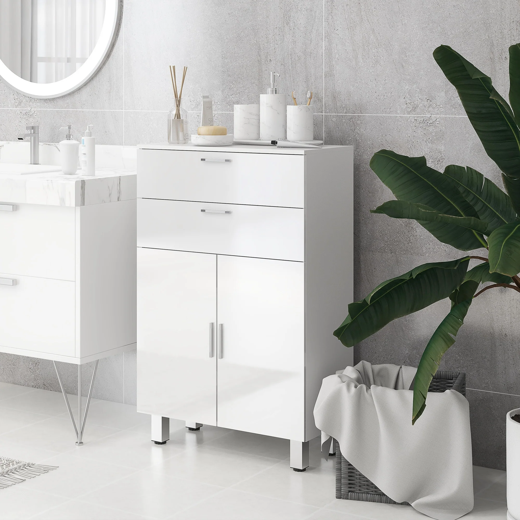 Meuble de salle de bain, meuble de rangement avec 2 tiroirs, placard à double porte, étagères réglables et base surélevée, armoire salle de bain, salon, chambre, 60x30x93cm, blanc brillant - Image 3