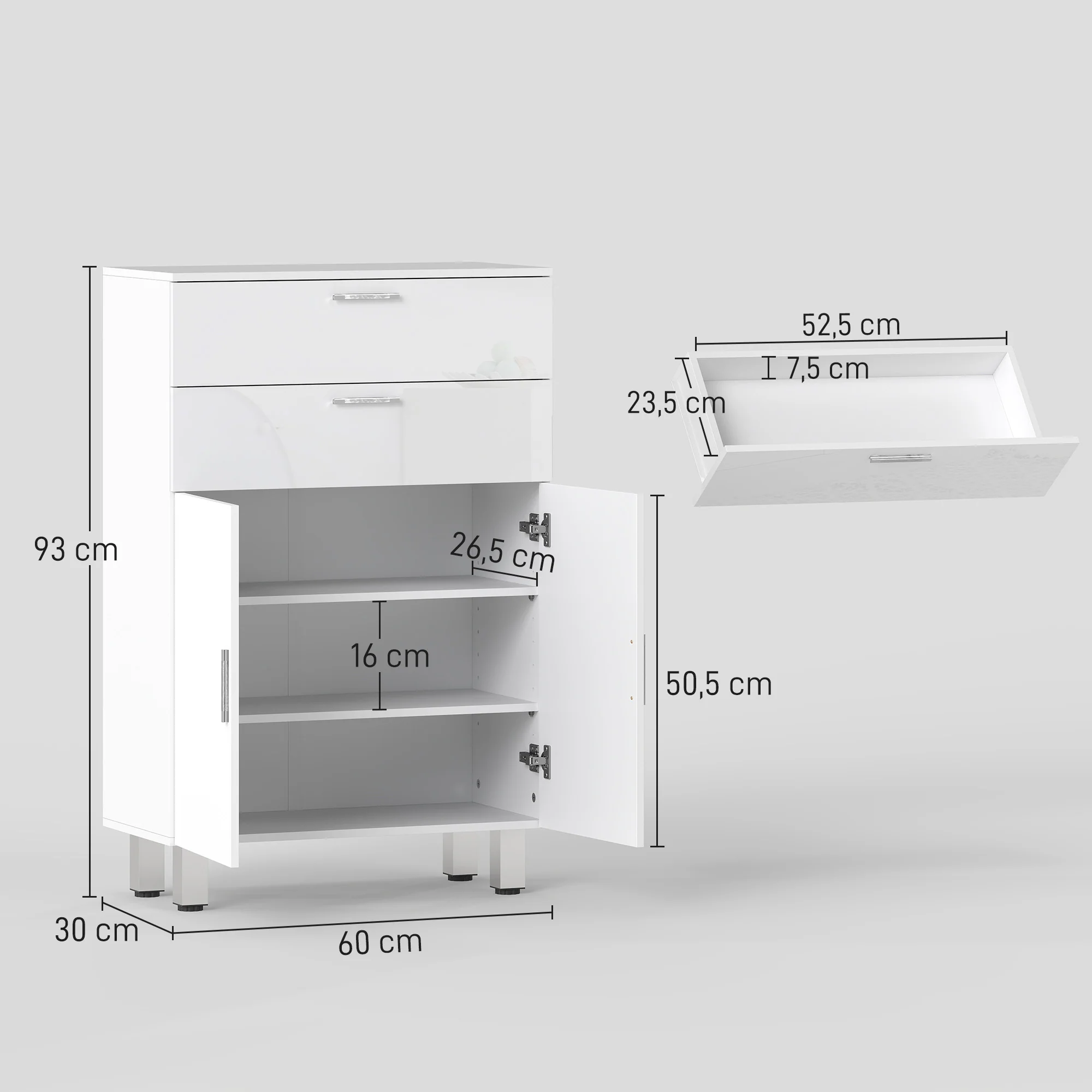 Meuble de salle de bain, meuble de rangement avec 2 tiroirs, placard à double porte, étagères réglables et base surélevée, armoire salle de bain, salon, chambre, 60x30x93cm, blanc brillant - Image 4