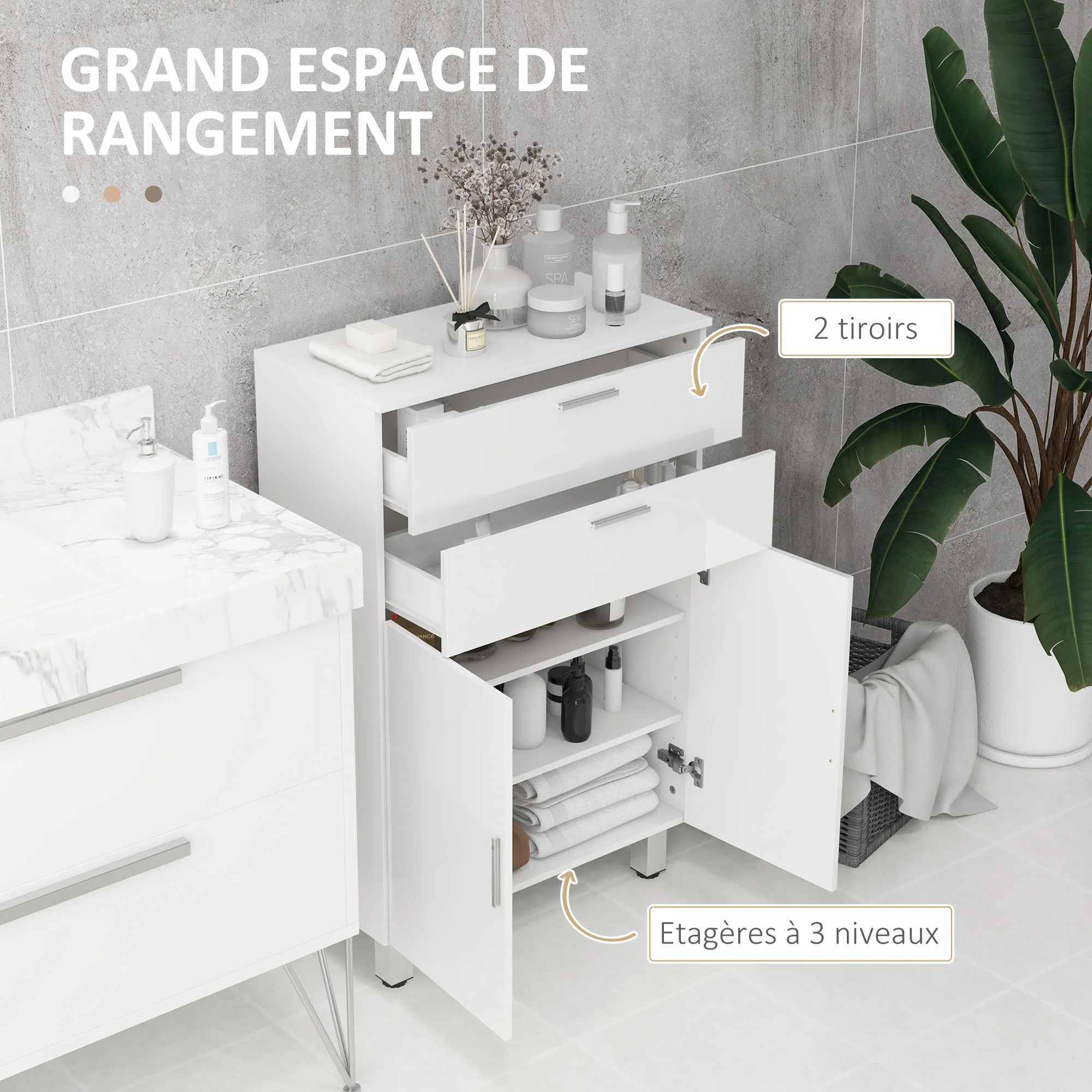 Meuble de salle de bain, meuble de rangement avec 2 tiroirs, placard à double porte, étagères réglables et base surélevée, armoire salle de bain, salon, chambre, 60x30x93cm, blanc brillant - Image 5