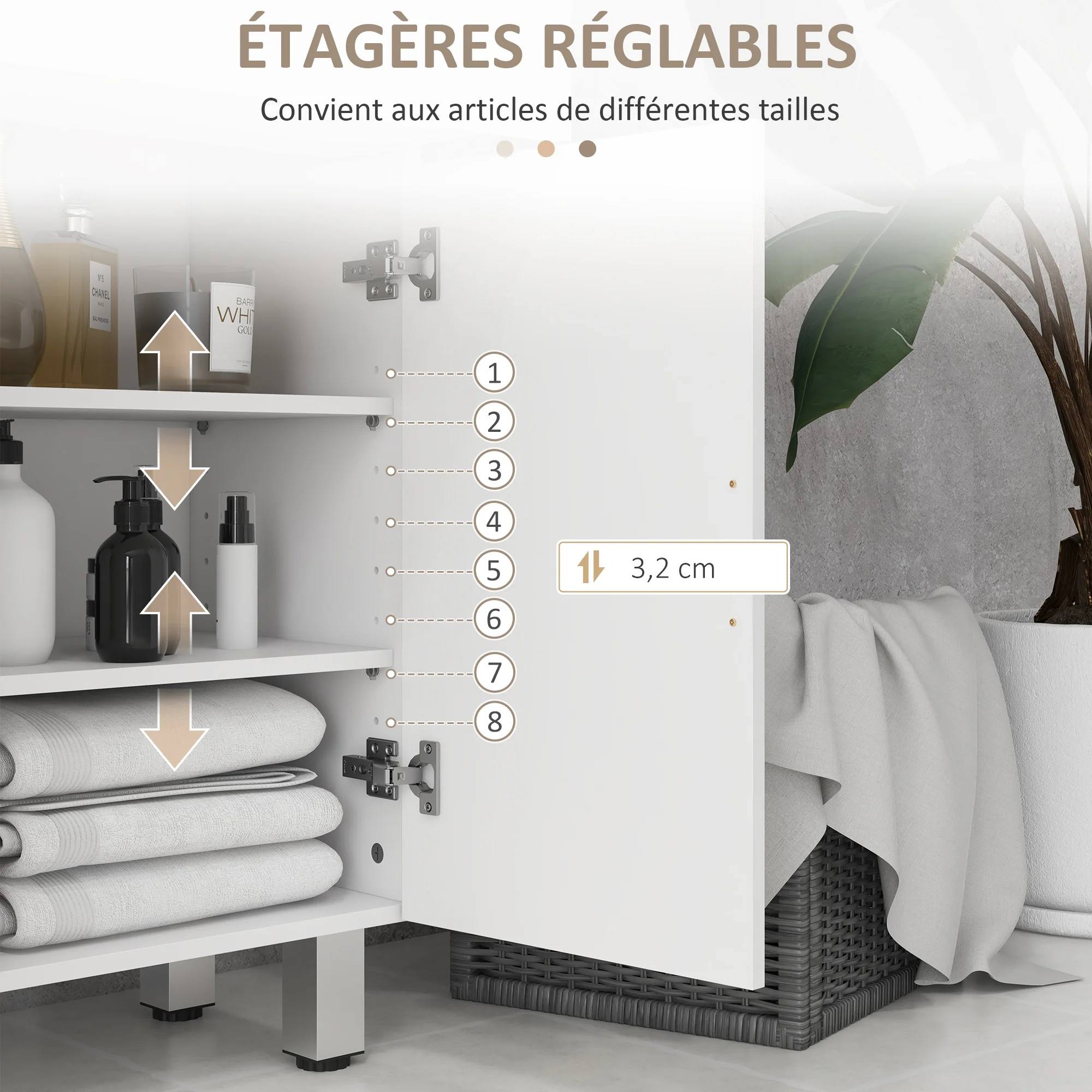 Meuble de salle de bain, meuble de rangement avec 2 tiroirs, placard à double porte, étagères réglables et base surélevée, armoire salle de bain, salon, chambre, 60x30x93cm, blanc brillant - Image 6