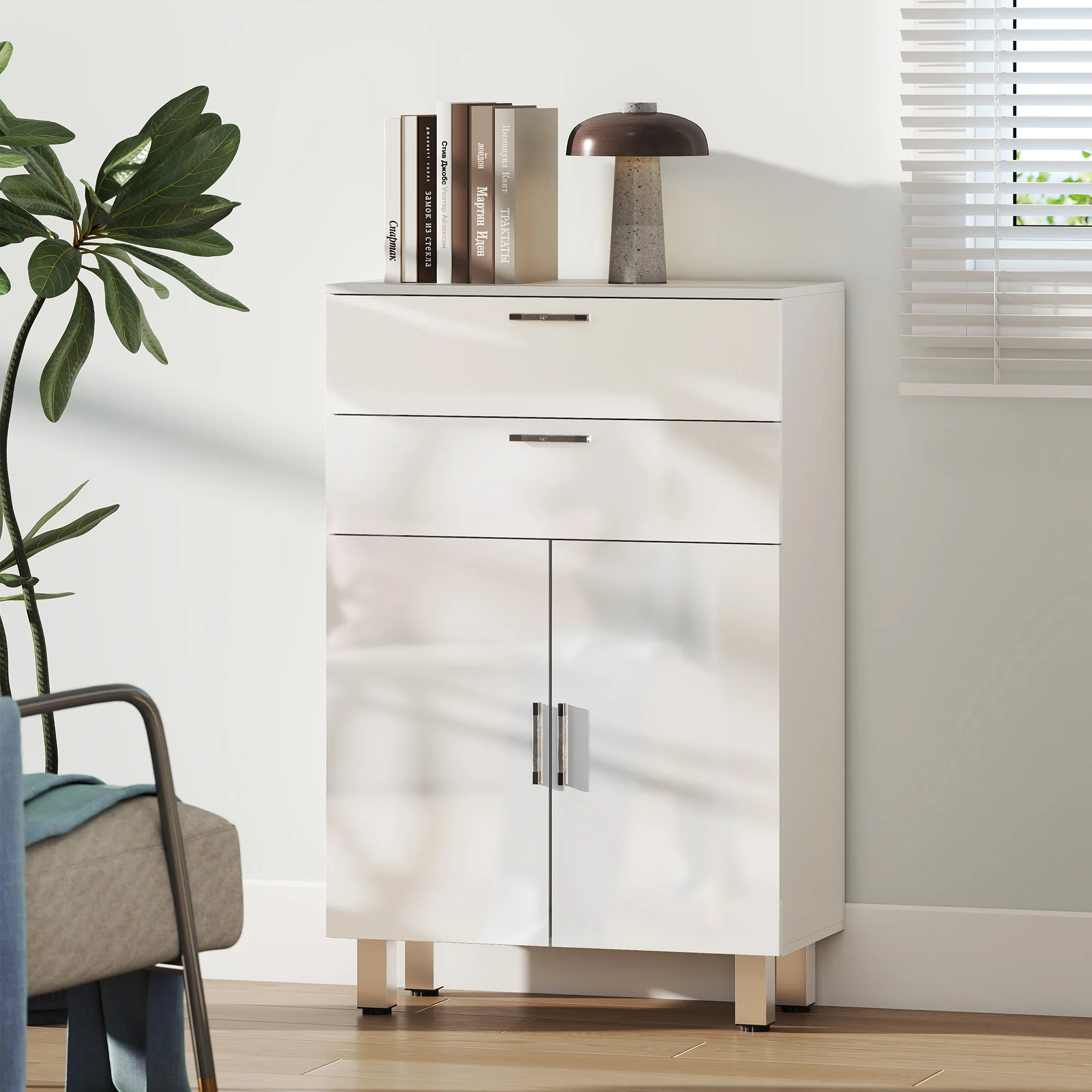 Meuble de salle de bain, meuble de rangement avec 2 tiroirs, placard à double porte, étagères réglables et base surélevée, armoire salle de bain, salon, chambre, 60x30x93cm, blanc brillant - Image 8