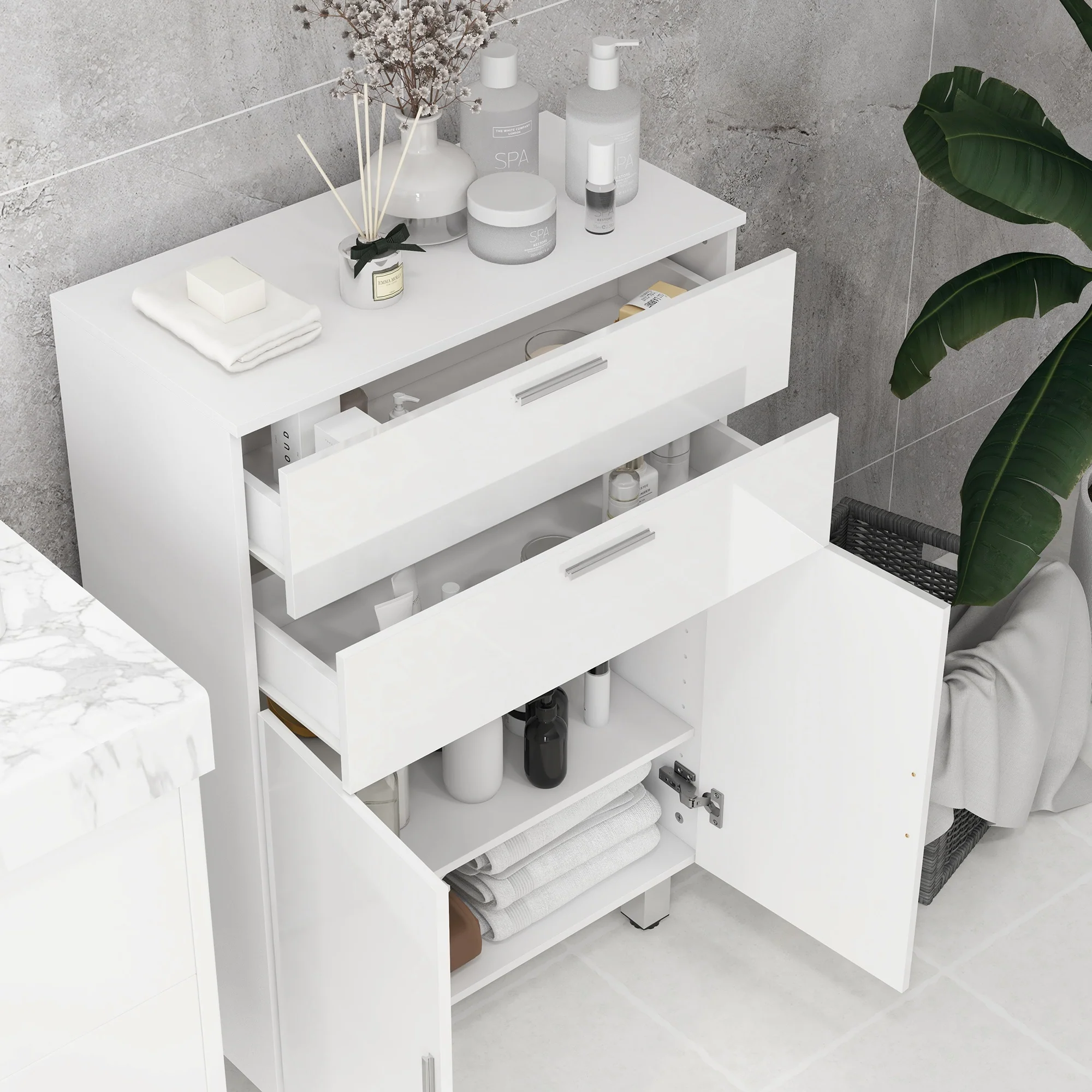 Meuble de salle de bain, meuble de rangement avec 2 tiroirs, placard à double porte, étagères réglables et base surélevée, armoire salle de bain, salon, chambre, 60x30x93cm, blanc brillant - Image 9