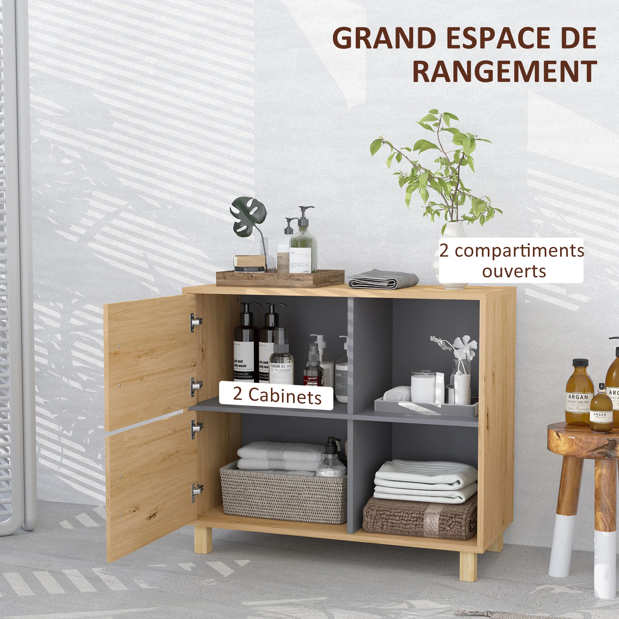 Meuble de salle de bain, meuble de rangement avec compartiments ouverts et placard, armoire salle de bain dim. 80l x 35P x 70H cm, bois naturel - Image 5