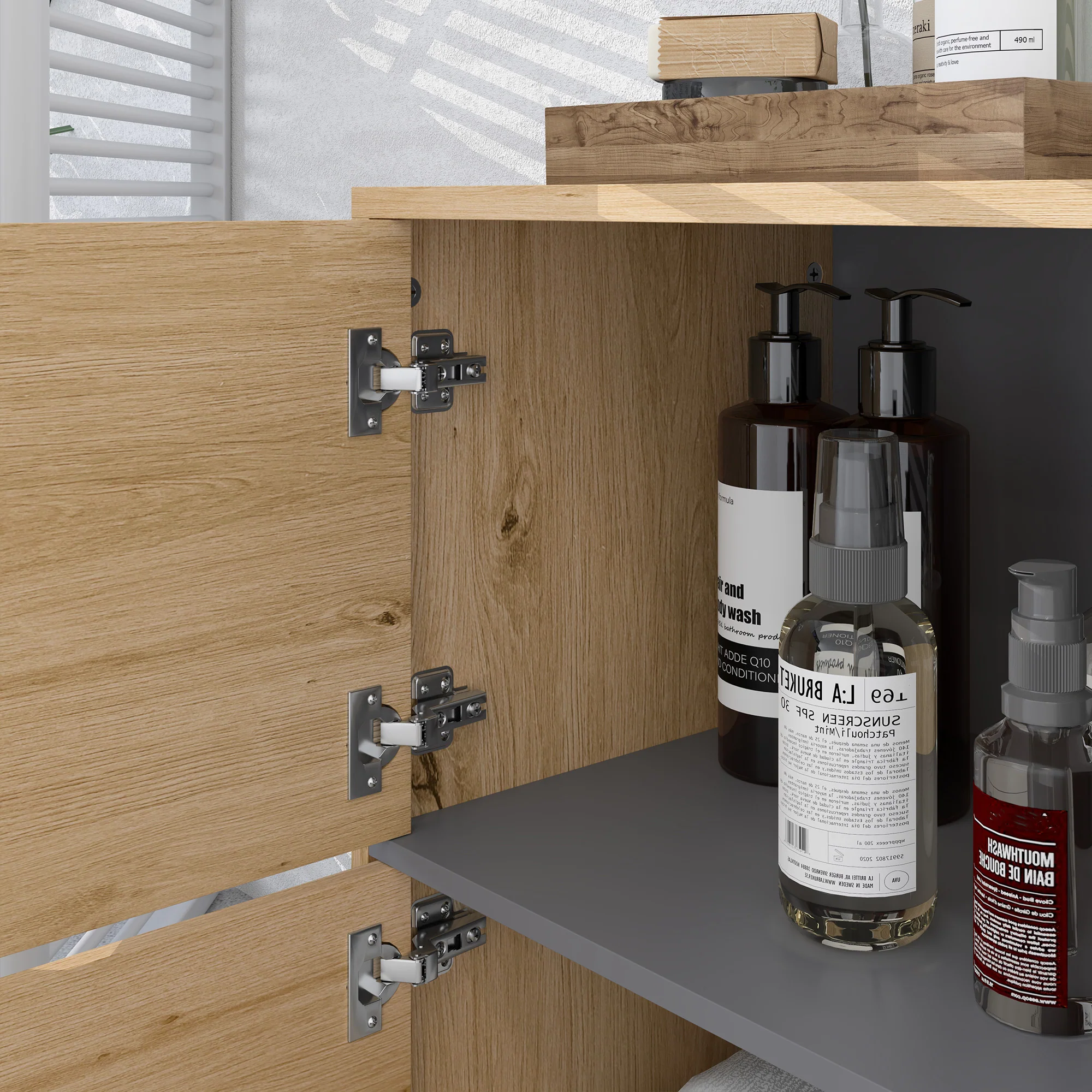 Meuble de salle de bain, meuble de rangement avec compartiments ouverts et placard, armoire salle de bain dim. 80l x 35P x 70H cm, bois naturel - Image 9