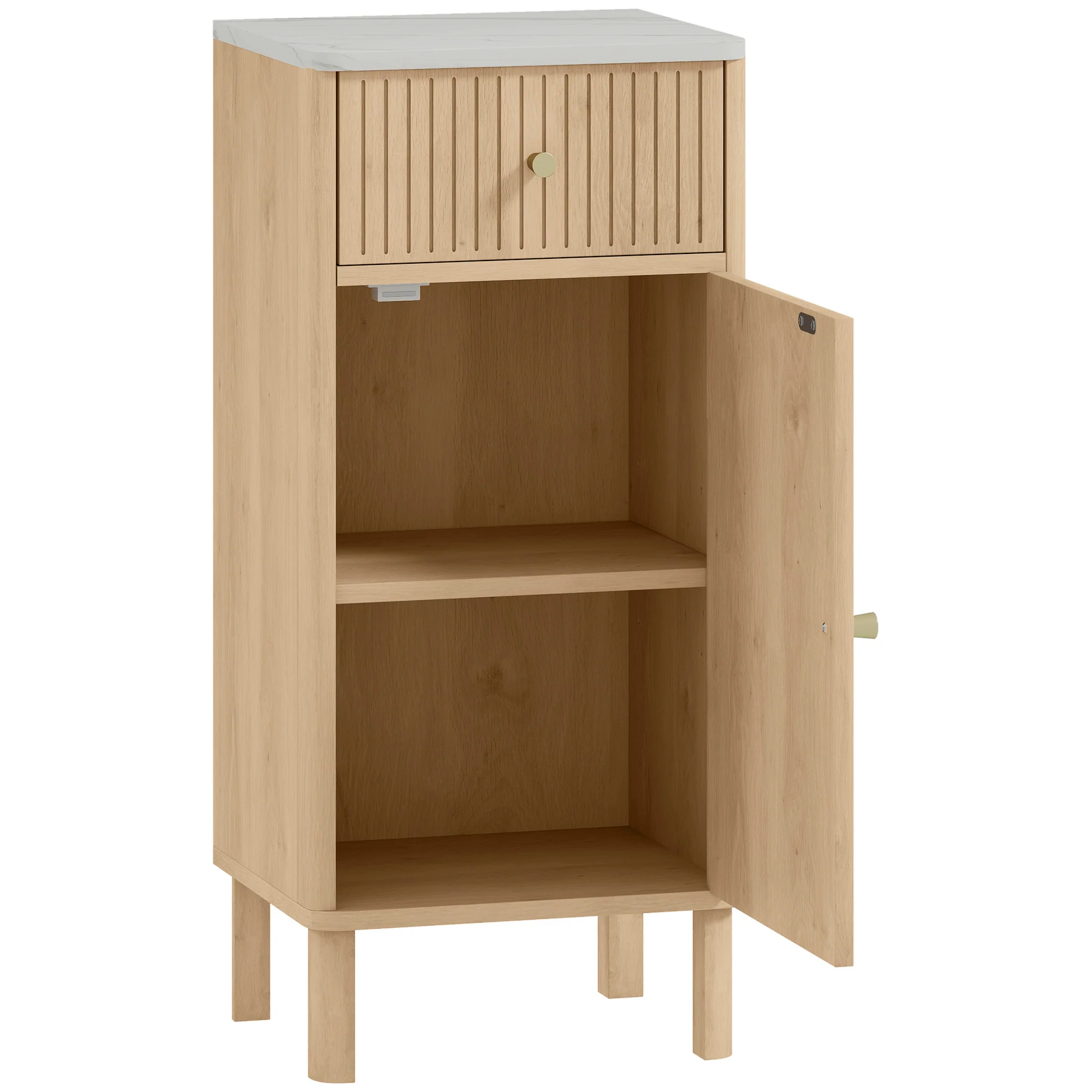Meuble de salle de bain, meuble de rangement avec plateau effet marbre et porte rainurée, tiroir et étagère réglable, armoire salle de bain, salon, chambre, 36 x 30 x 80 cm, chêne - Image 2