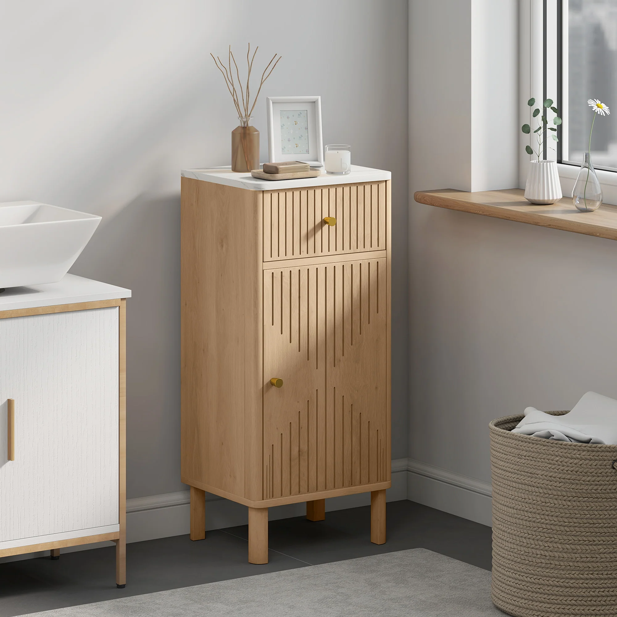Meuble de salle de bain, meuble de rangement avec plateau effet marbre et porte rainurée, tiroir et étagère réglable, armoire salle de bain, salon, chambre, 36 x 30 x 80 cm, chêne - Image 3