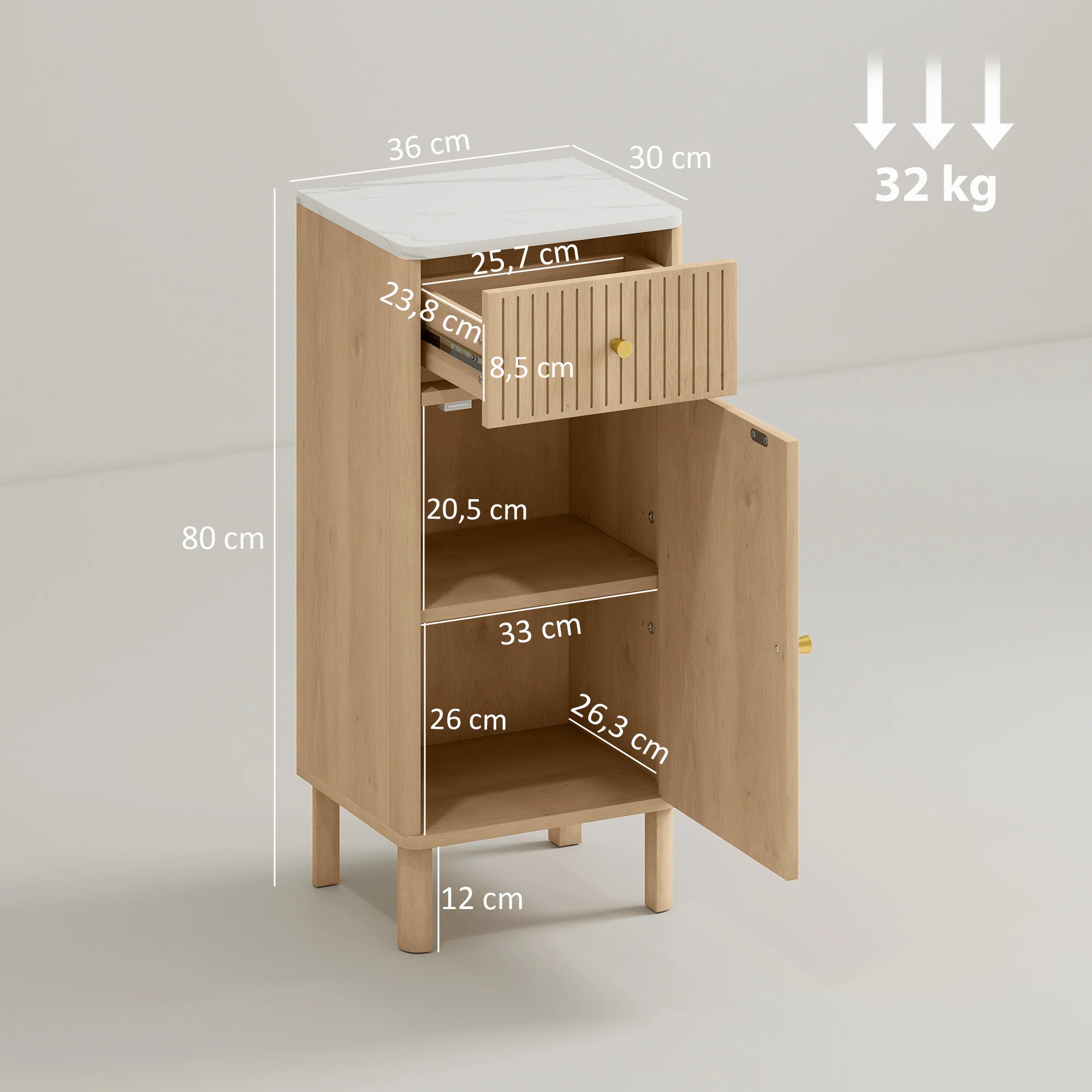 Meuble de salle de bain, meuble de rangement avec plateau effet marbre et porte rainurée, tiroir et étagère réglable, armoire salle de bain, salon, chambre, 36 x 30 x 80 cm, chêne - Image 4