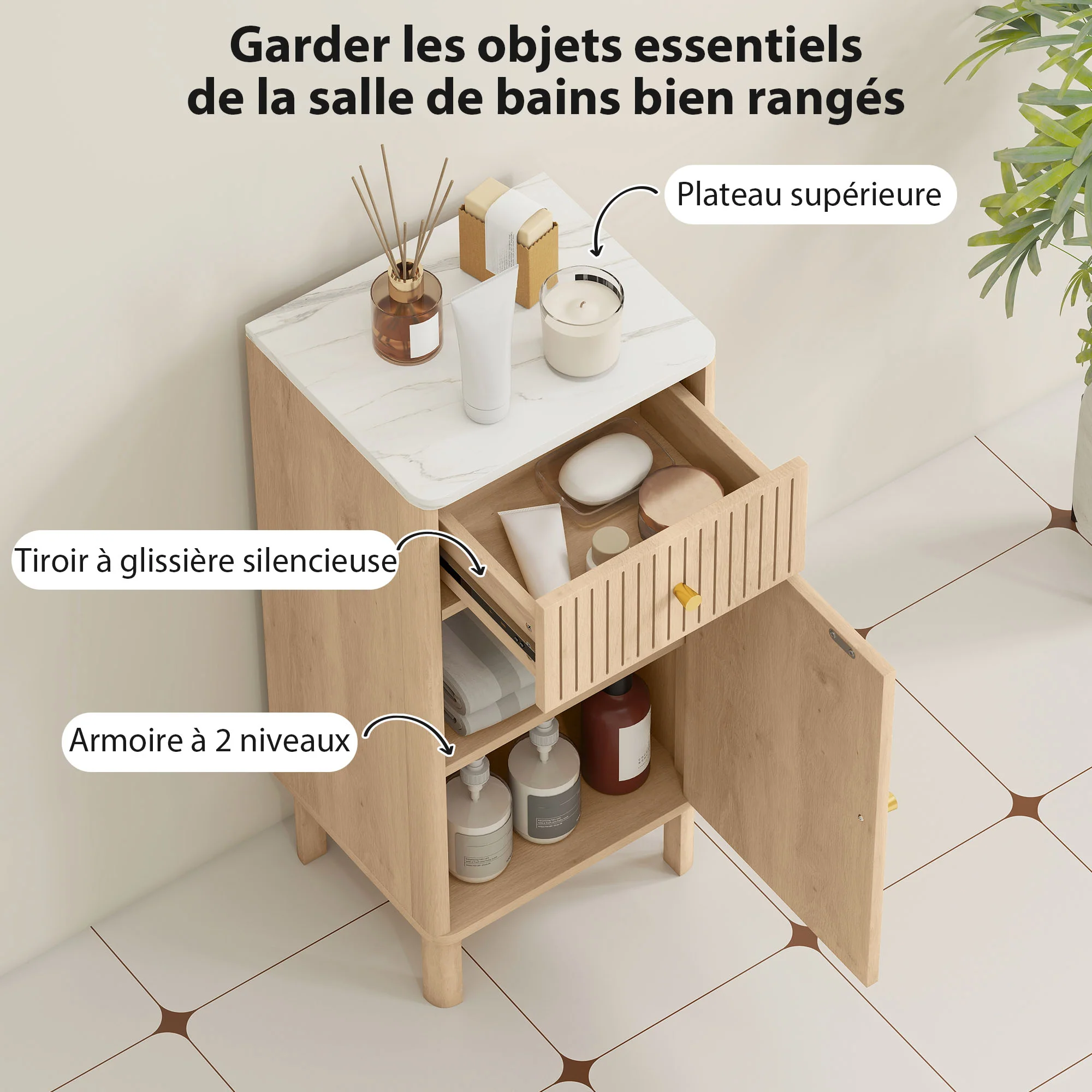 Meuble de salle de bain, meuble de rangement avec plateau effet marbre et porte rainurée, tiroir et étagère réglable, armoire salle de bain, salon, chambre, 36 x 30 x 80 cm, chêne - Image 5