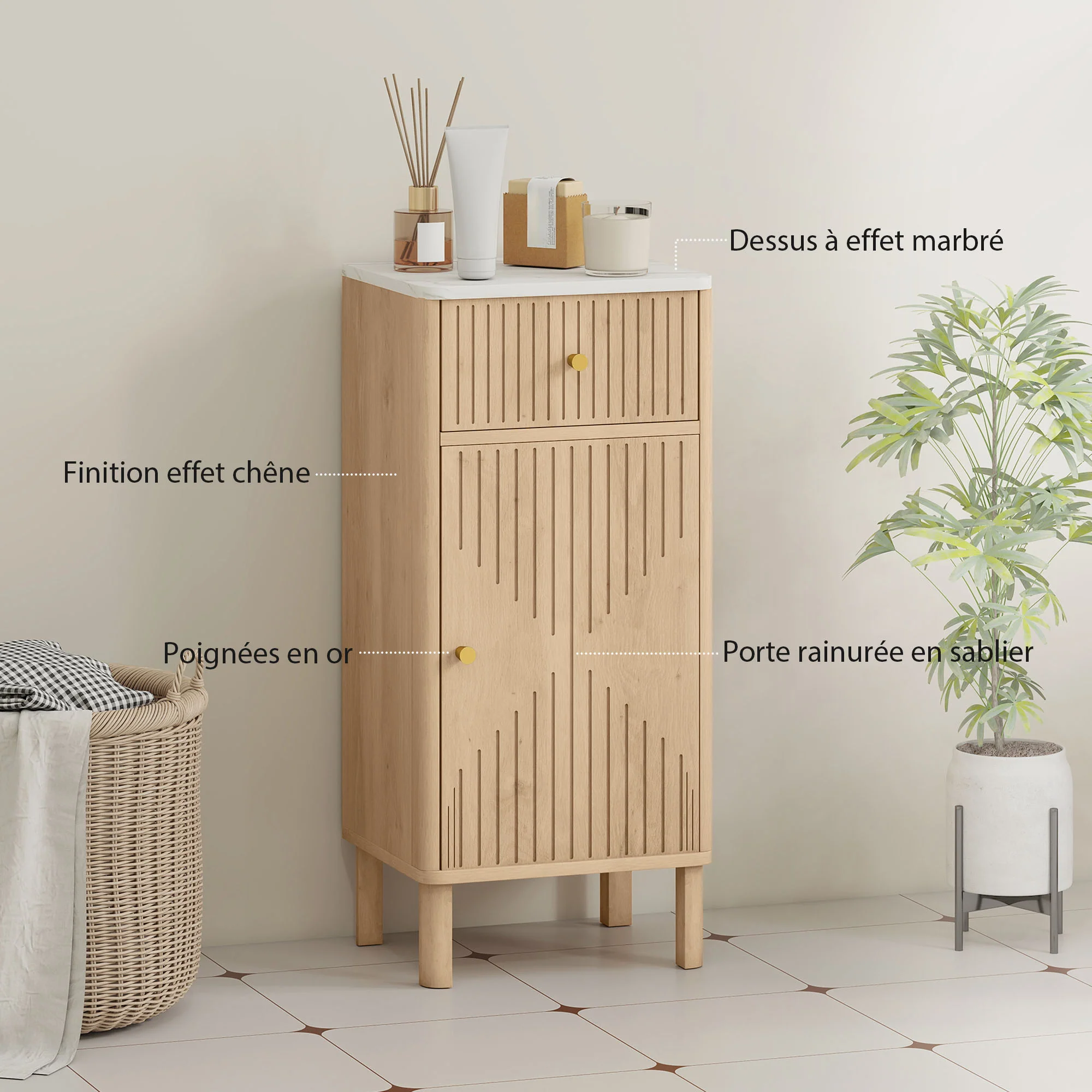 Meuble de salle de bain, meuble de rangement avec plateau effet marbre et porte rainurée, tiroir et étagère réglable, armoire salle de bain, salon, chambre, 36 x 30 x 80 cm, chêne - Image 7