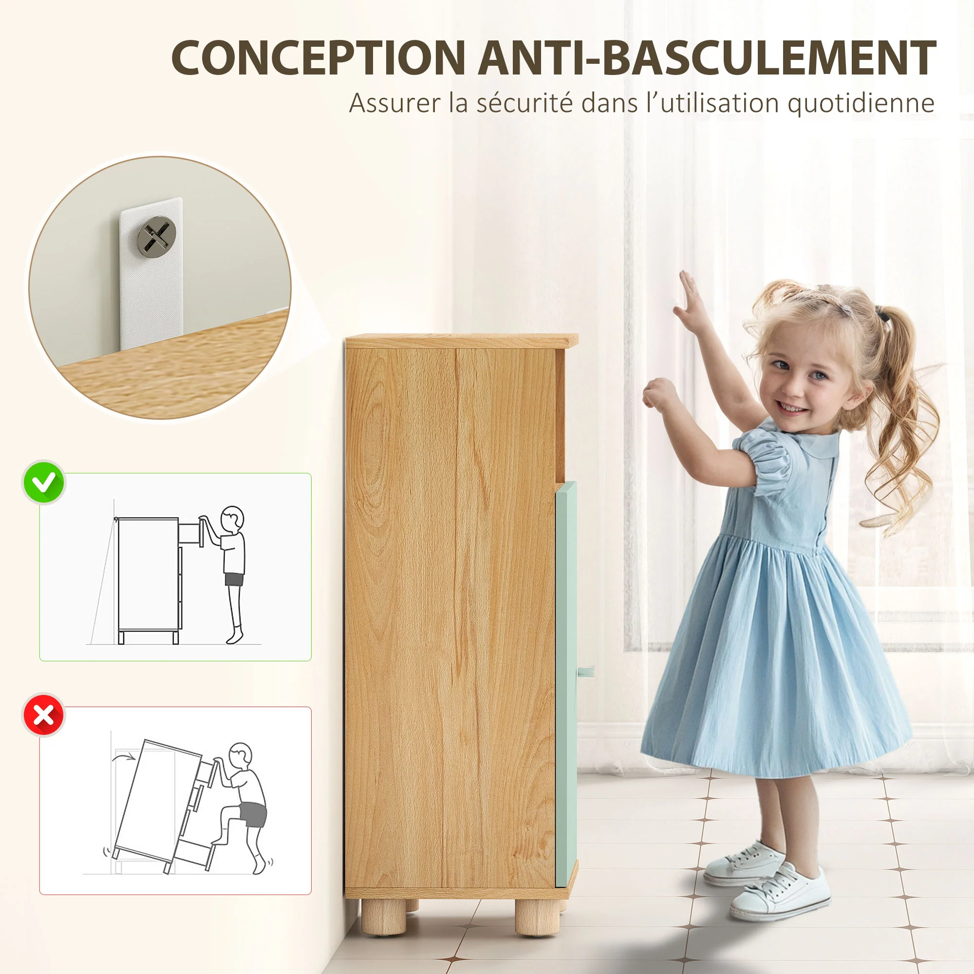 Meuble de salle de bain, meuble de rangement étroit avec placard à porte et compartiment ouvert, armoire salle de bain, salon, chambre, petits espaces, 30x30x80cm, vert - Image 6