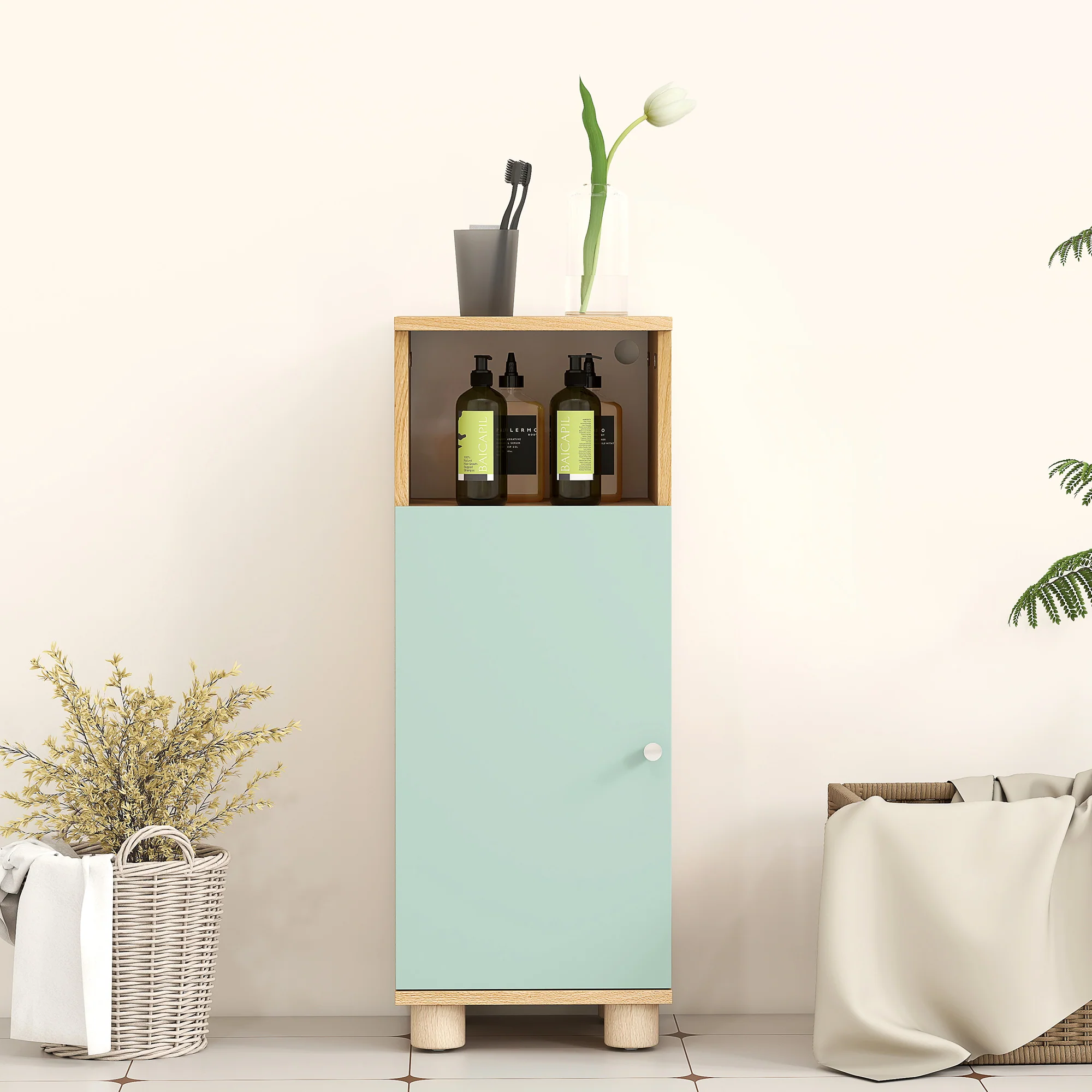 Meuble de salle de bain, meuble de rangement étroit avec placard à porte et compartiment ouvert, armoire salle de bain, salon, chambre, petits espaces, 30x30x80cm, vert - Image 8