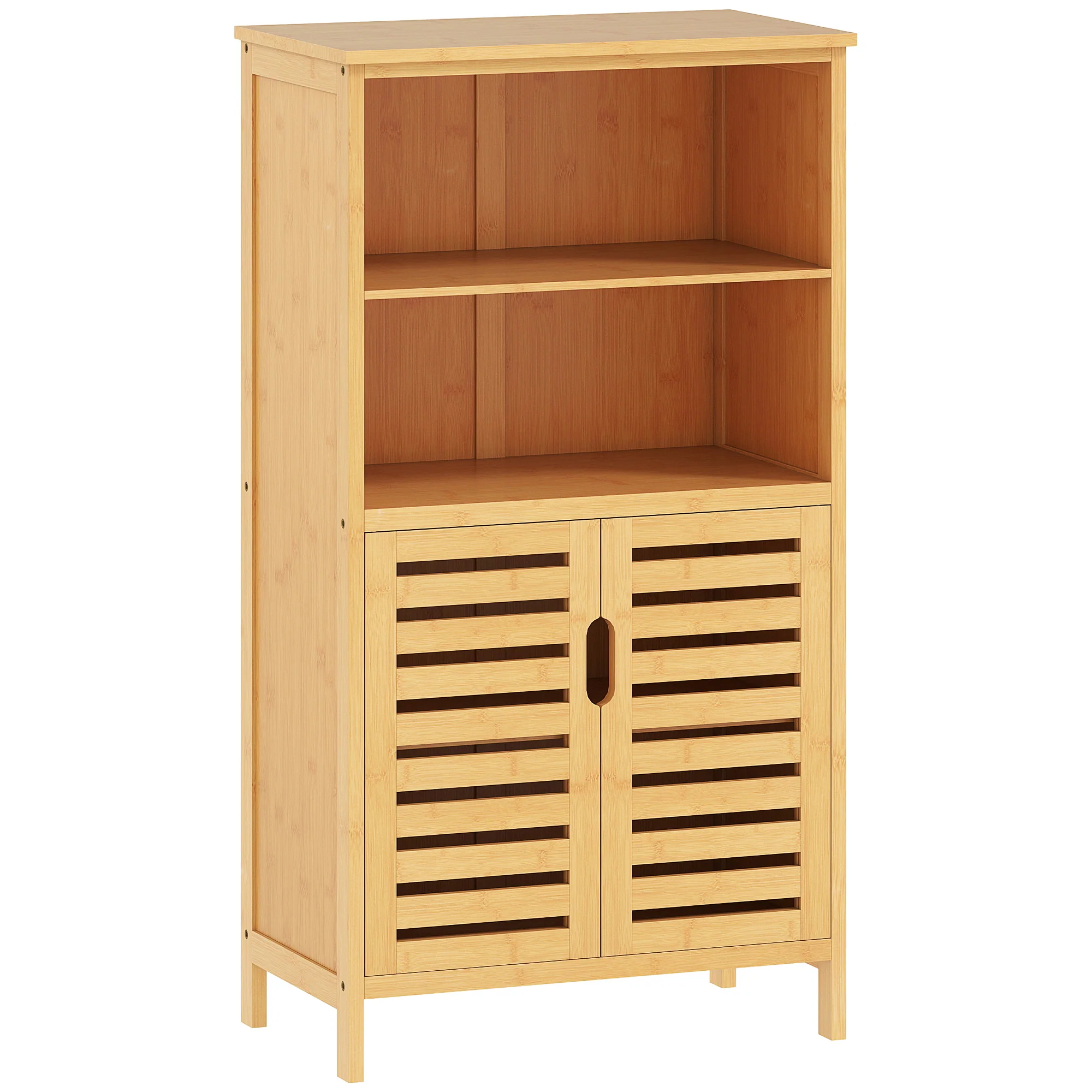 Meuble de salle de bain placard de rangement meuble de rangement sur peids en bambou avec 2 portes et 2 compartiments - 50 x 29 x 92 cm - Image 2