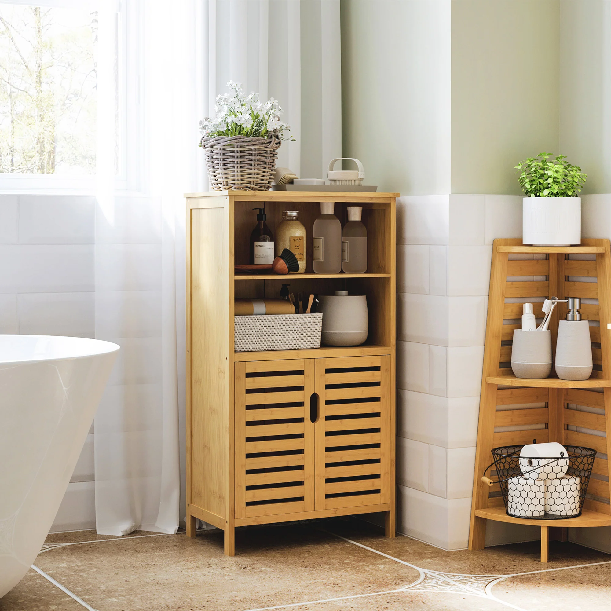 Meuble de salle de bain placard de rangement meuble de rangement sur peids en bambou avec 2 portes et 2 compartiments - 50 x 29 x 92 cm - Image 3