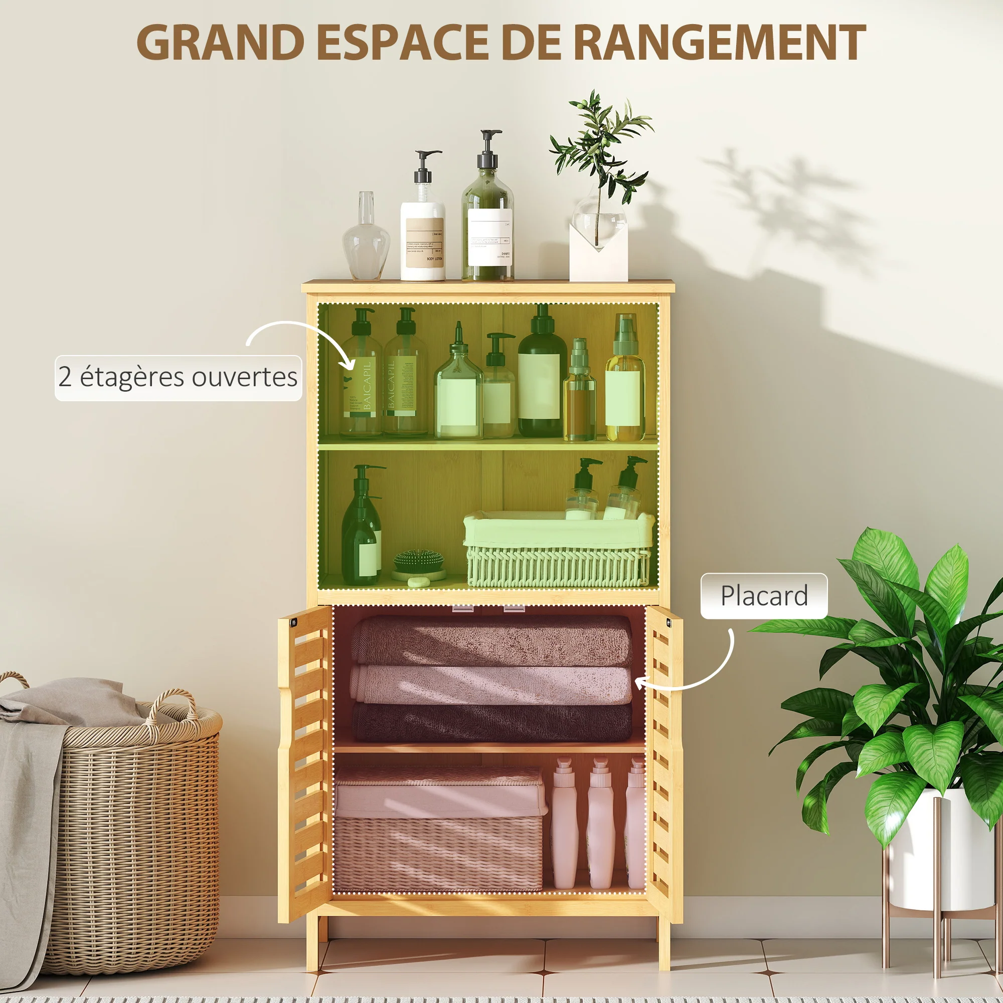 Meuble de salle de bain placard de rangement meuble de rangement sur peids en bambou avec 2 portes et 2 compartiments - 50 x 29 x 92 cm - Image 5
