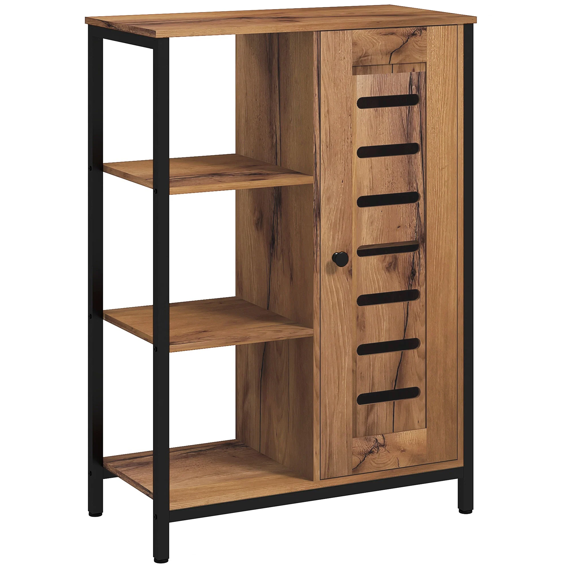 Meuble de salle de bain sur pied, meuble de rangement, design industriel, structure en acier, 3 étagères ouvertes, placard à 2 niveaux, porte à lamelles, 60 x 30 x 85 cm, marron rustique - Image 2